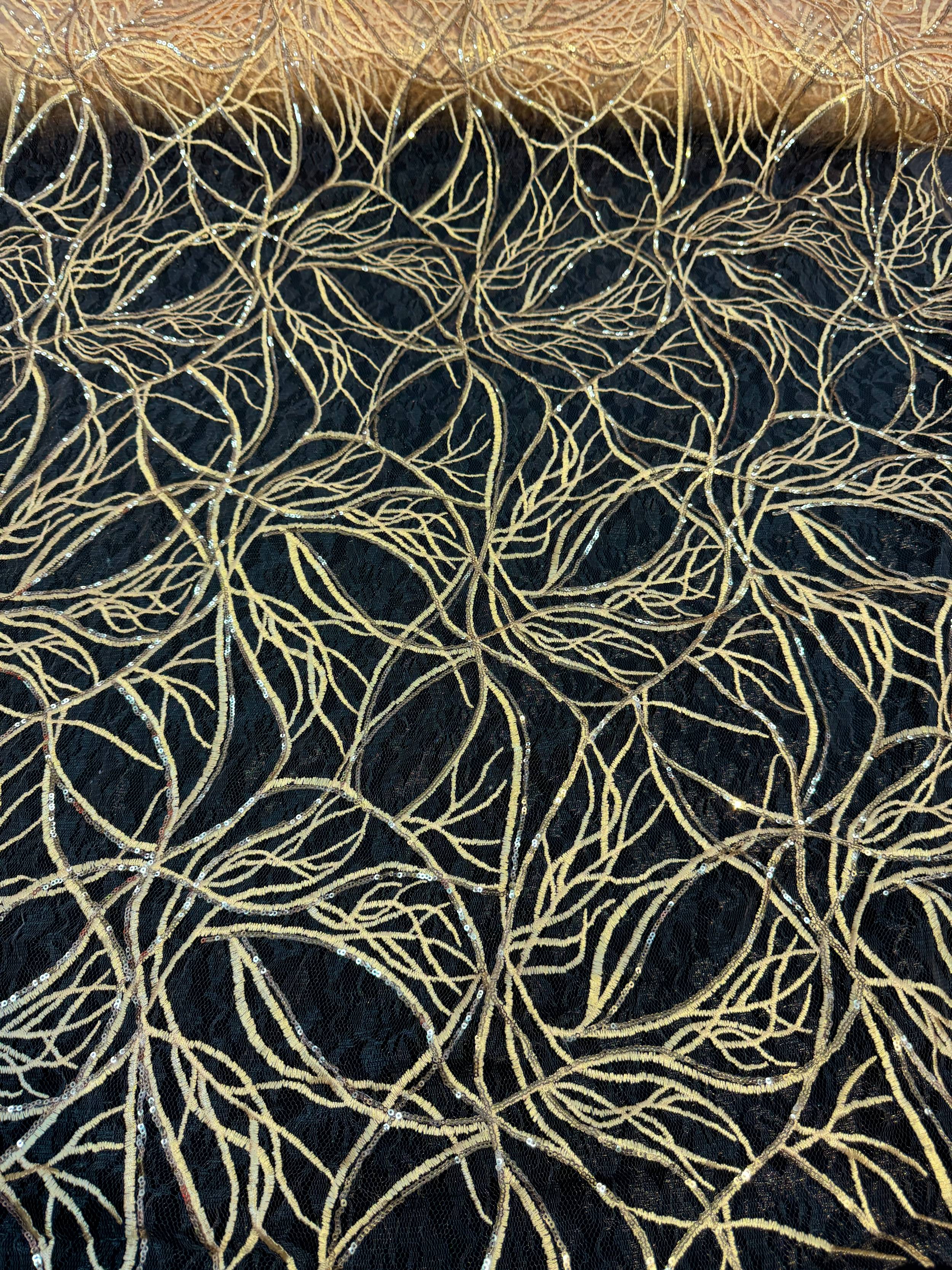 Gold Infinity Web Sequin Embroidered Mesh, Embroidered Mesh Fabric, Stretch Mesh Lace, Sequin Embroidered Fabric, Sheer Sequin Fabric, Web Lace Fabric, Infinity Lace Fabric