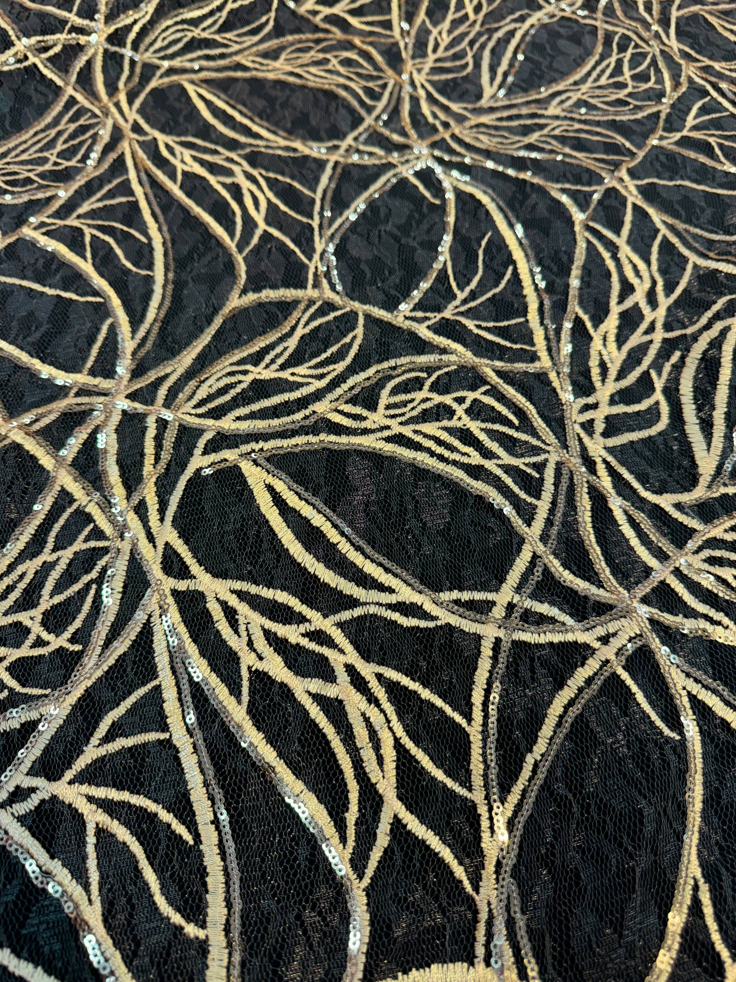 Gold Infinity Web Sequin Embroidered Mesh, Embroidered Mesh Fabric, Stretch Mesh Lace, Sequin Embroidered Fabric, Sheer Sequin Fabric, Web Lace Fabric, Infinity Lace Fabric