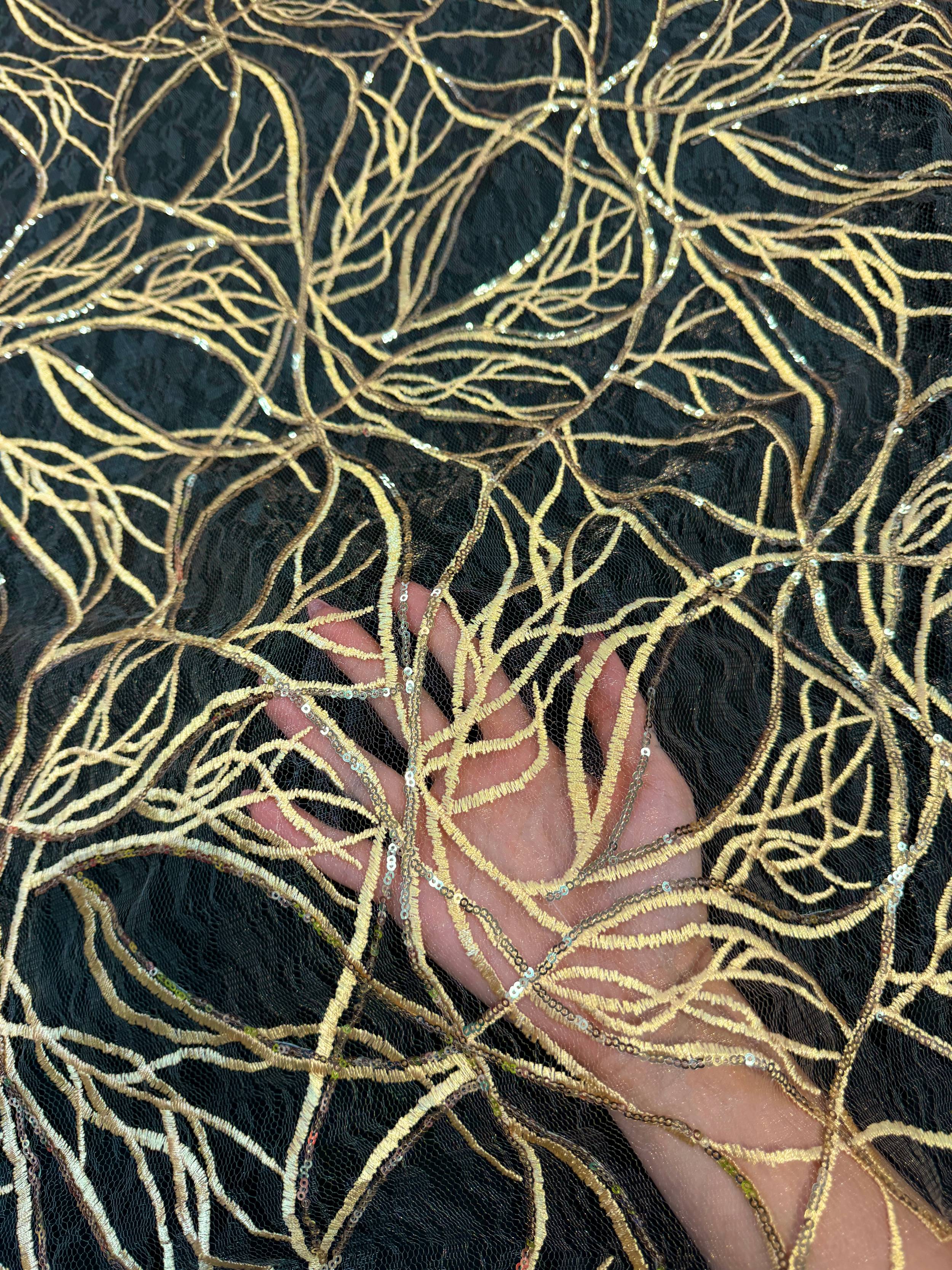 Gold Infinity Web Sequin Embroidered Mesh, Kiki Sewing Store, Kiki Luxury Fabric, Cheap Fabric Store, Kiki Textiles, Kiki Textile by the Yard, Kiki Textile USA