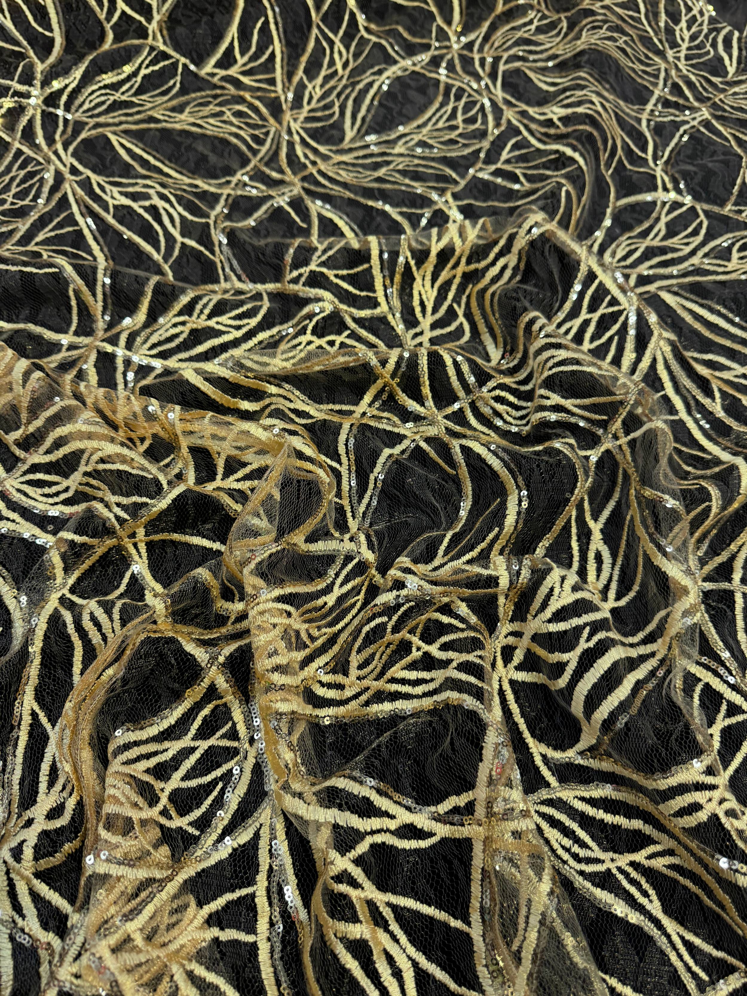 Gold Infinity Web Sequin Embroidered Mesh, Embroidered Mesh Fabric, Stretch Mesh Lace, Sequin Embroidered Fabric, Sheer Sequin Fabric, Web Lace Fabric, Infinity Lace Fabric