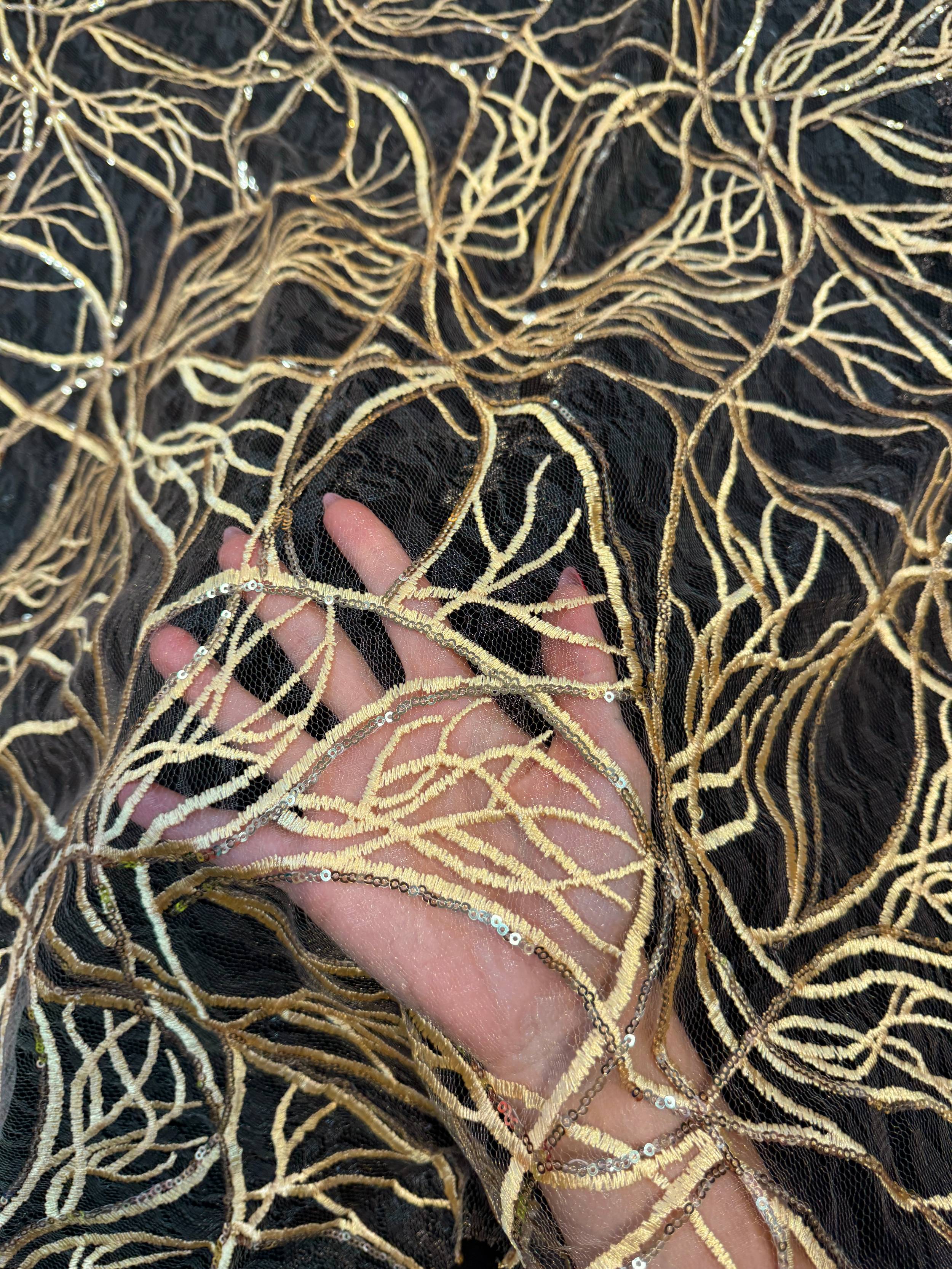 Gold Infinity Web Sequin Embroidered Mesh, Kiki Sewing Store, Kiki Luxury Fabric, Cheap Fabric Store, Kiki Textiles, Kiki Textile by the Yard, Kiki Textile USA