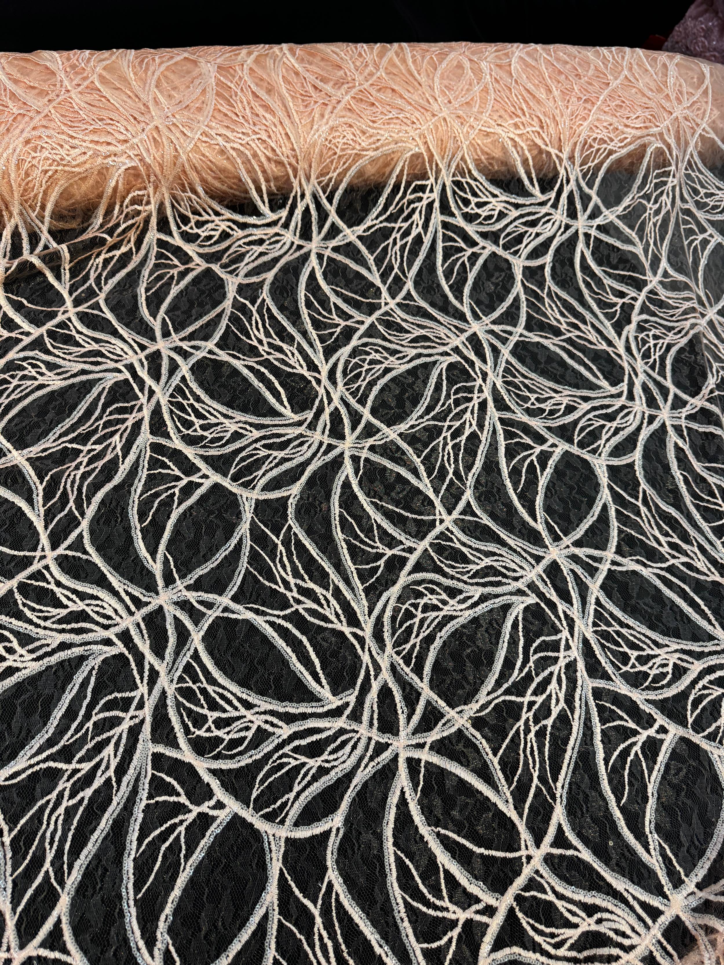 Peach Infinity Web Sequin Embroidered Mesh, Embroidered Mesh Fabric, Stretch Mesh Lace, Sequin Embroidered Fabric, Sheer Sequin Fabric, Web Lace Fabric, Infinity Lace Fabric