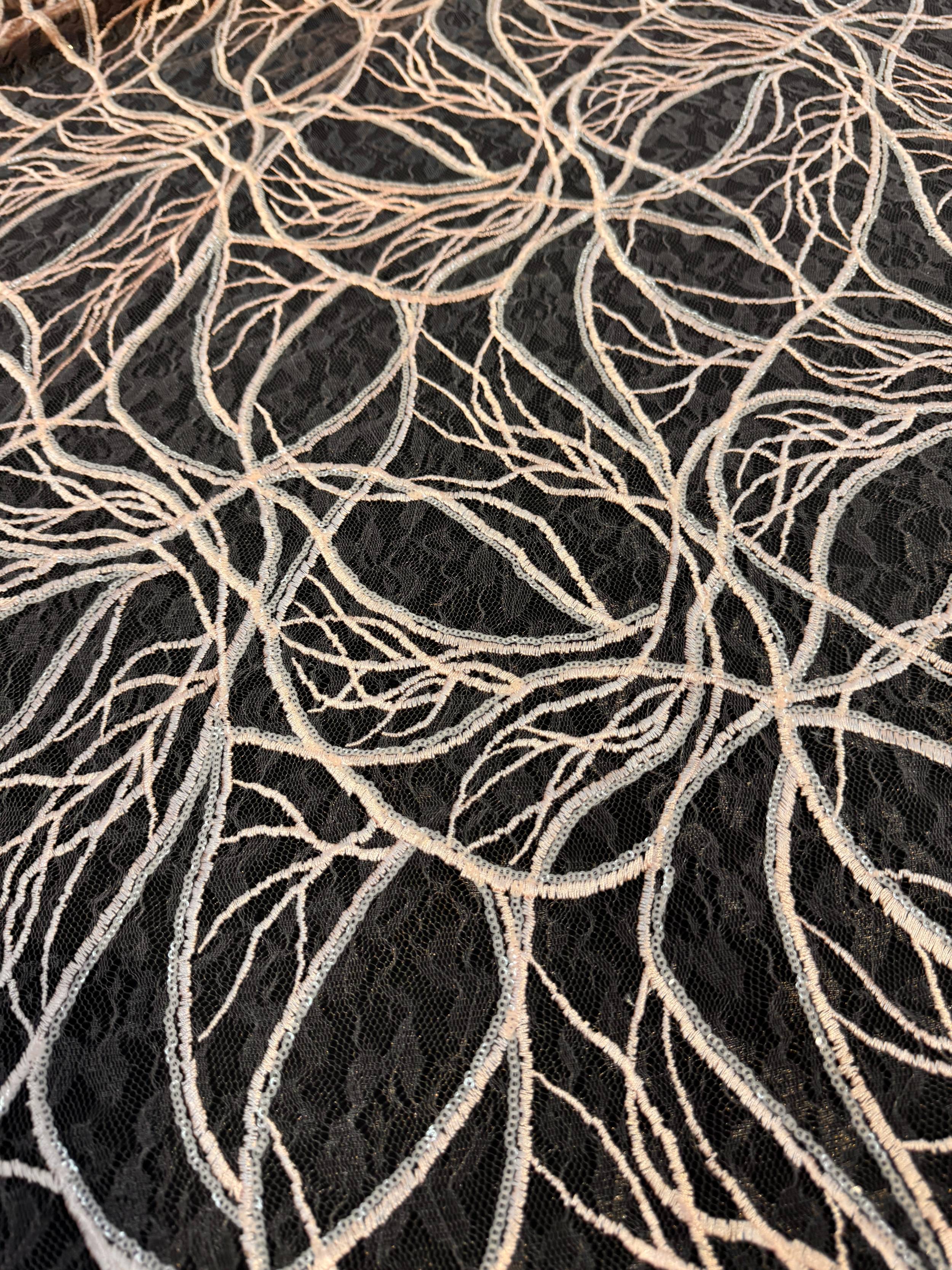 Peach Infinity Web Sequin Embroidered Mesh, Embroidered Mesh Fabric, Stretch Mesh Lace, Sequin Embroidered Fabric, Sheer Sequin Fabric, Web Lace Fabric, Infinity Lace Fabric