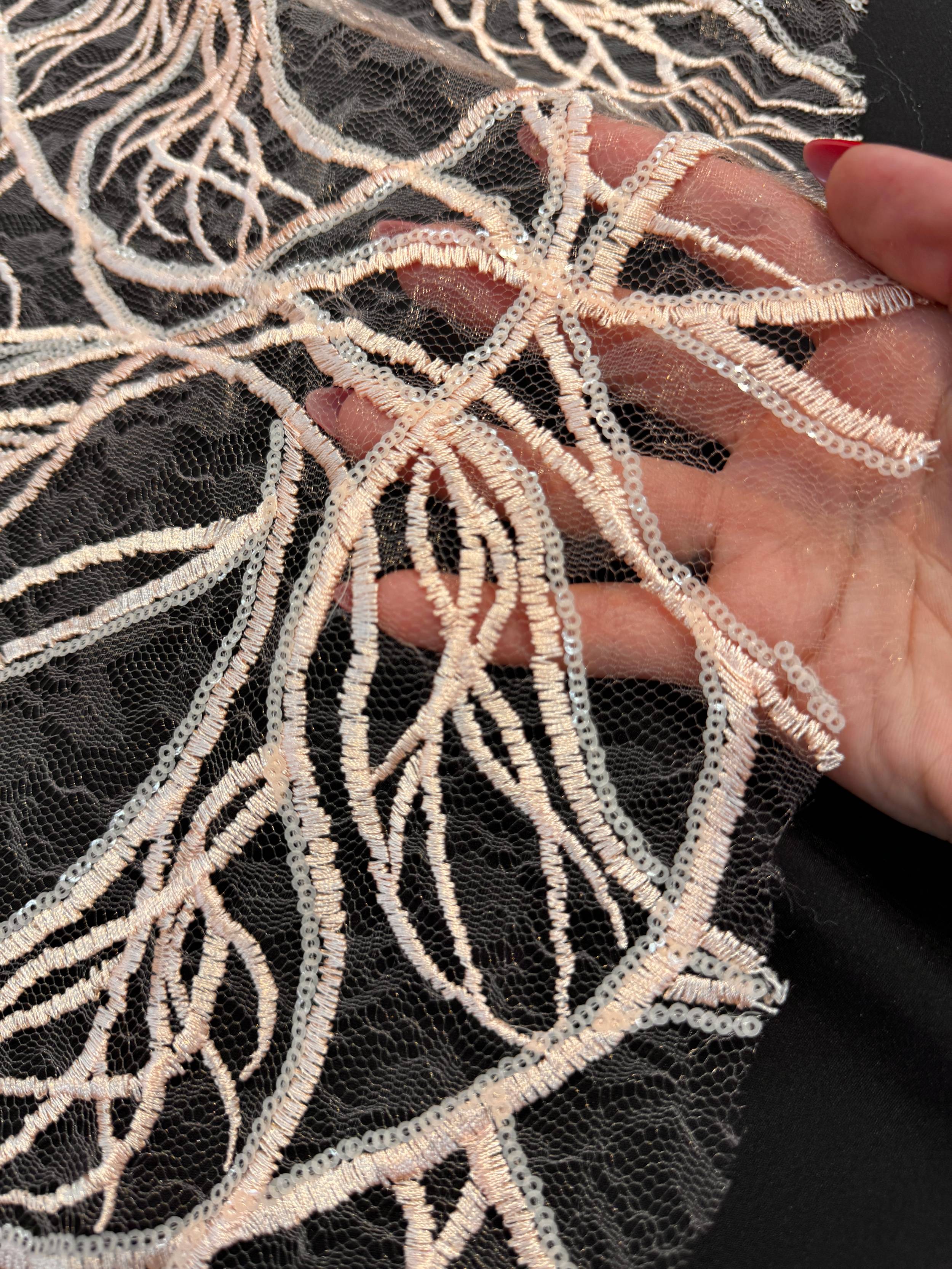 Peach Infinity Web Sequin Embroidered Mesh, Kiki Sewing Store, Kiki Luxury Fabric, Cheap Fabric Store, Kiki Textiles, Kiki Textile by the Yard, Kiki Textile USA