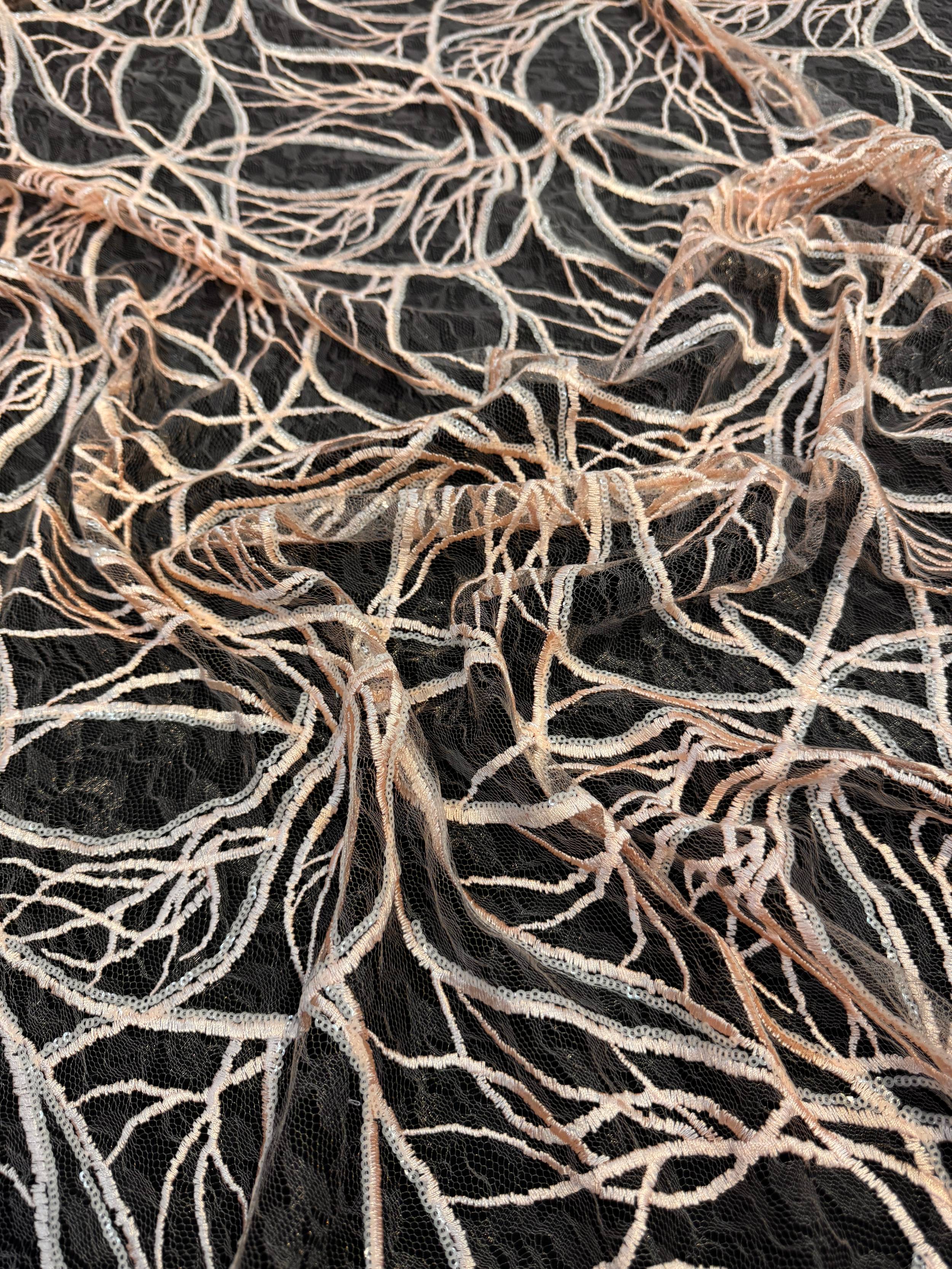 Peach Infinity Web Sequin Embroidered Mesh, Embroidered Mesh Fabric, Stretch Mesh Lace, Sequin Embroidered Fabric, Sheer Sequin Fabric, Web Lace Fabric, Infinity Lace Fabric