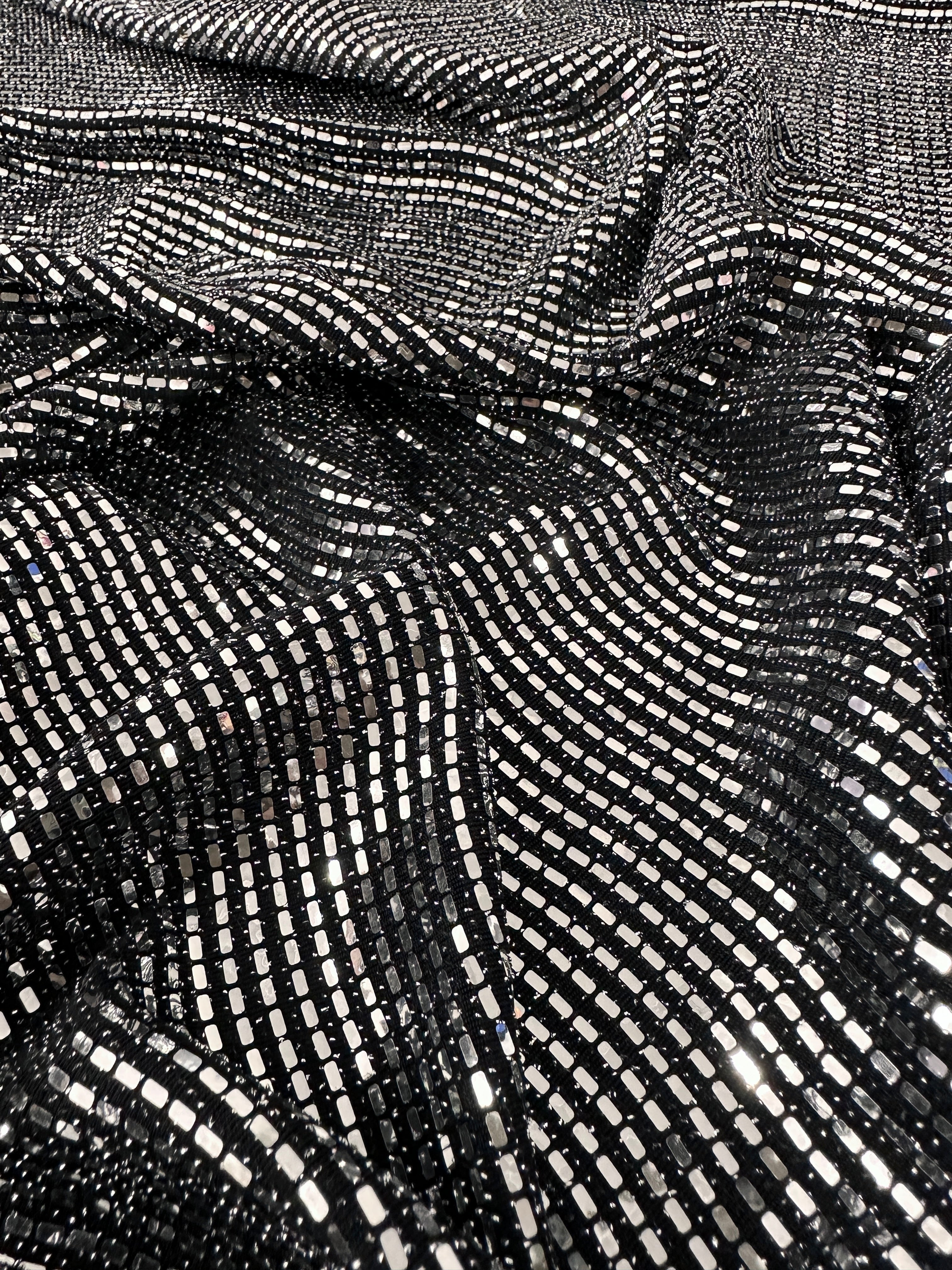 silver Glimmery Flat Sequin Knit, silver Disco Fabric, Stretch Metallic Spandex Sequin Fabric, sequin knit for woman, sequin knit for bride, sequin knit for party wear, sequin knit on discount, sequin knit on sale, premium sequin knit, buy sequin knit online