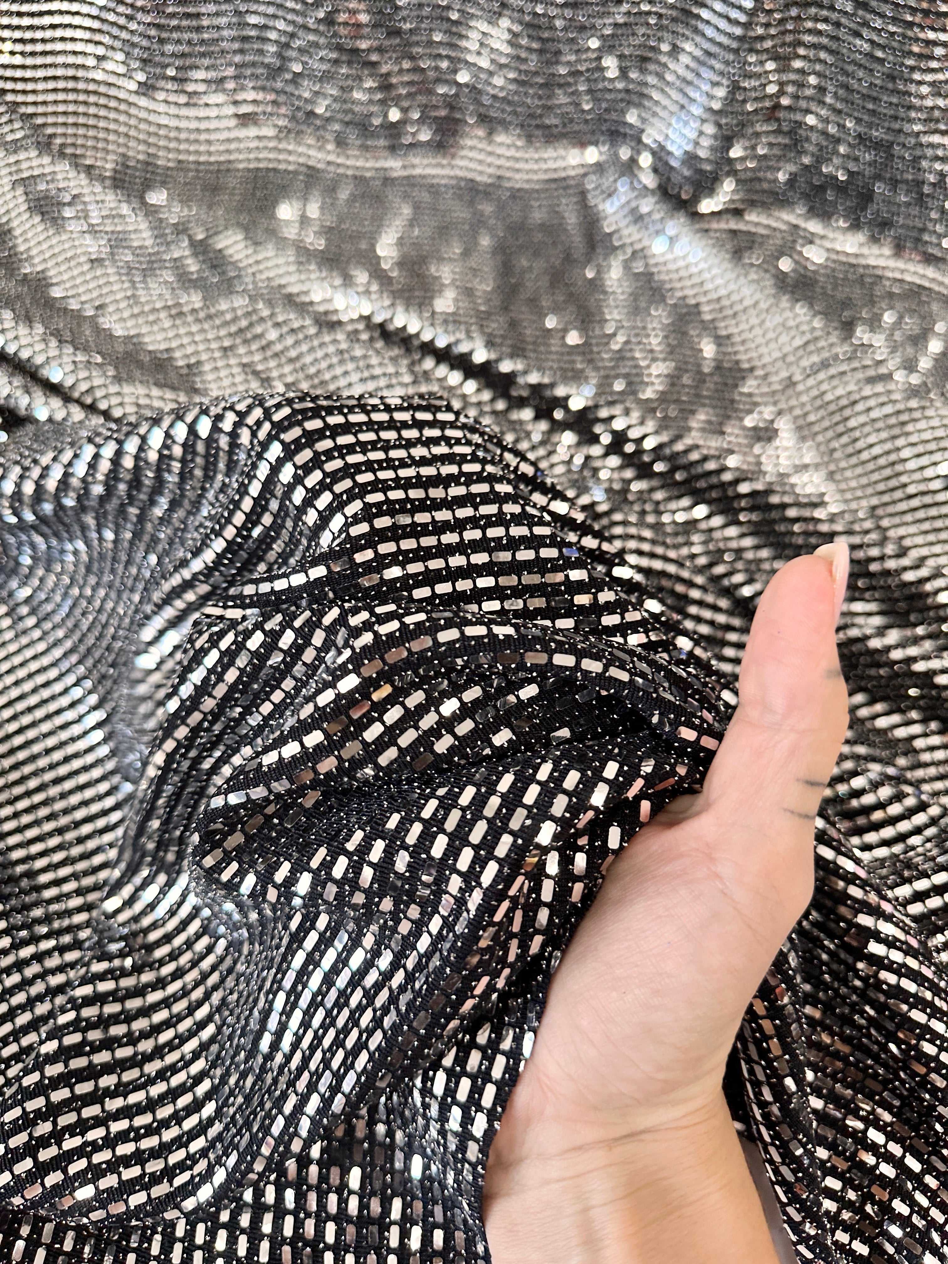 silver Glimmery Flat Sequin Knit, silver Disco Fabric, Stretch Metallic Spandex Sequin Fabric, sequin knit for woman, sequin knit for bride, sequin knit for party wear, sequin knit on discount, sequin knit on sale, premium sequin knit, buy sequin knit online