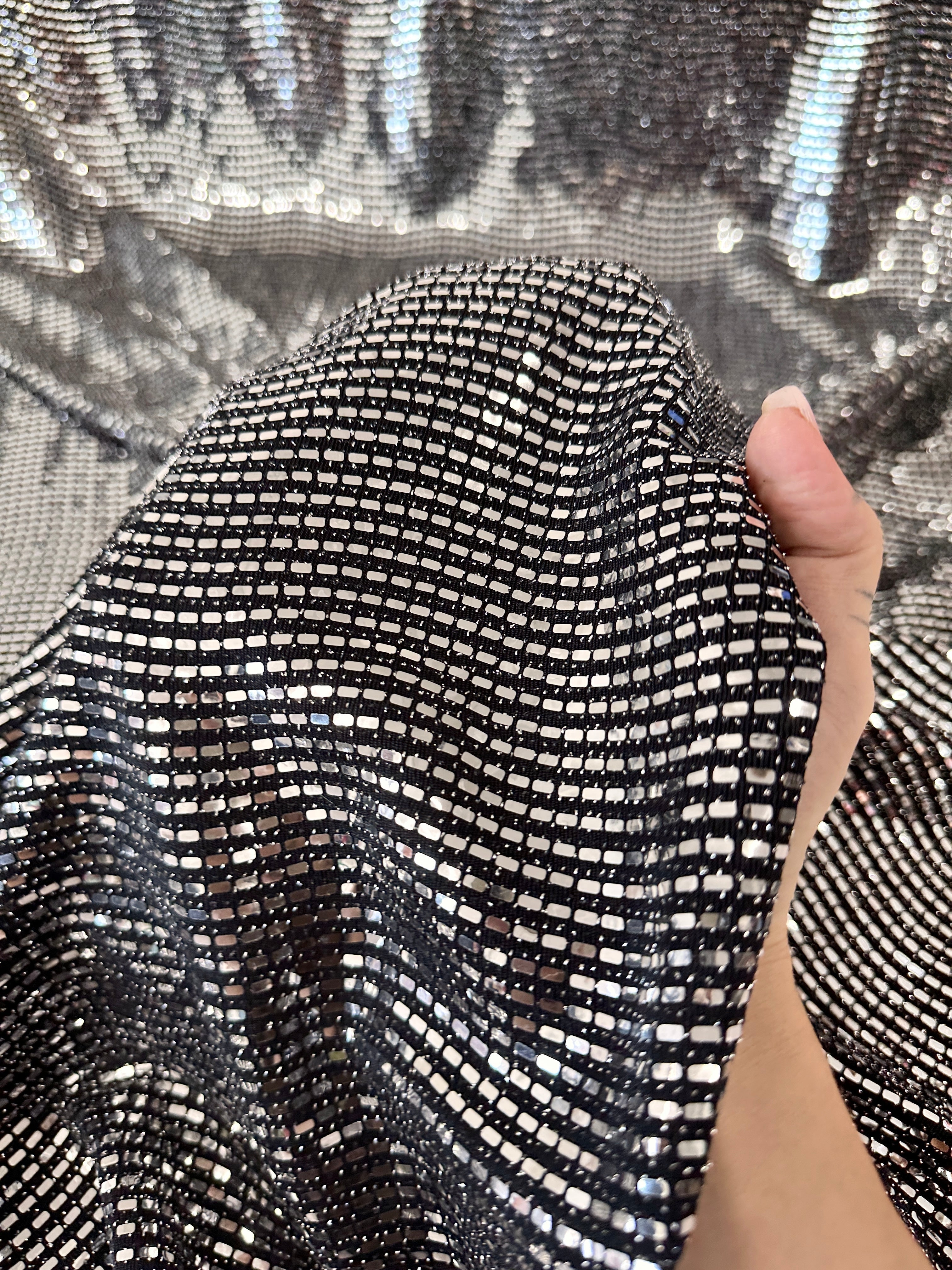 silver Glimmery Flat Sequin Knit, silver Disco Fabric, Stretch Metallic Spandex Sequin Fabric, sequin knit for woman, sequin knit for bride, sequin knit for party wear, sequin knit on discount, sequin knit on sale, premium sequin knit, buy sequin knit online