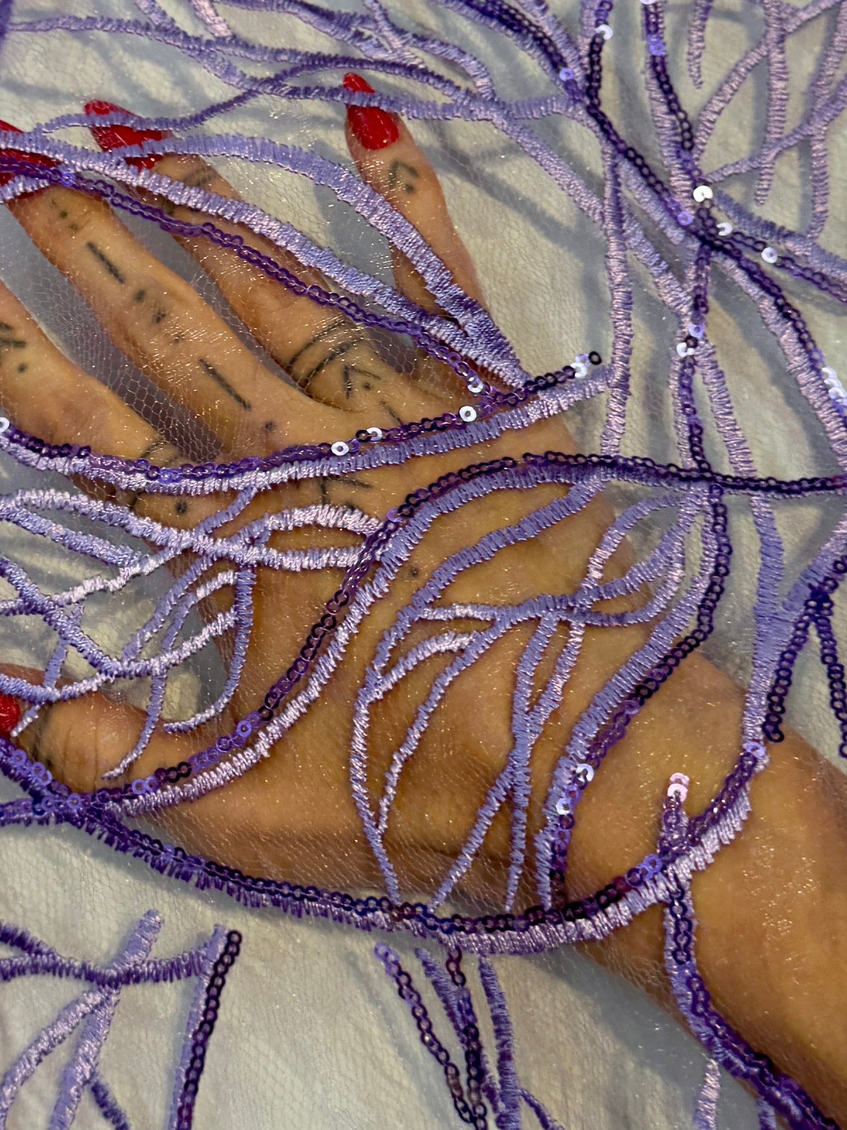 Lavender Infinity Web Sequin Embroidered Mesh, Embroidered Mesh Fabric, Stretch Mesh Lace, Sequin Embroidered Fabric, Sheer Sequin Fabric, Web Lace Fabric, Infinity Lace Fabric