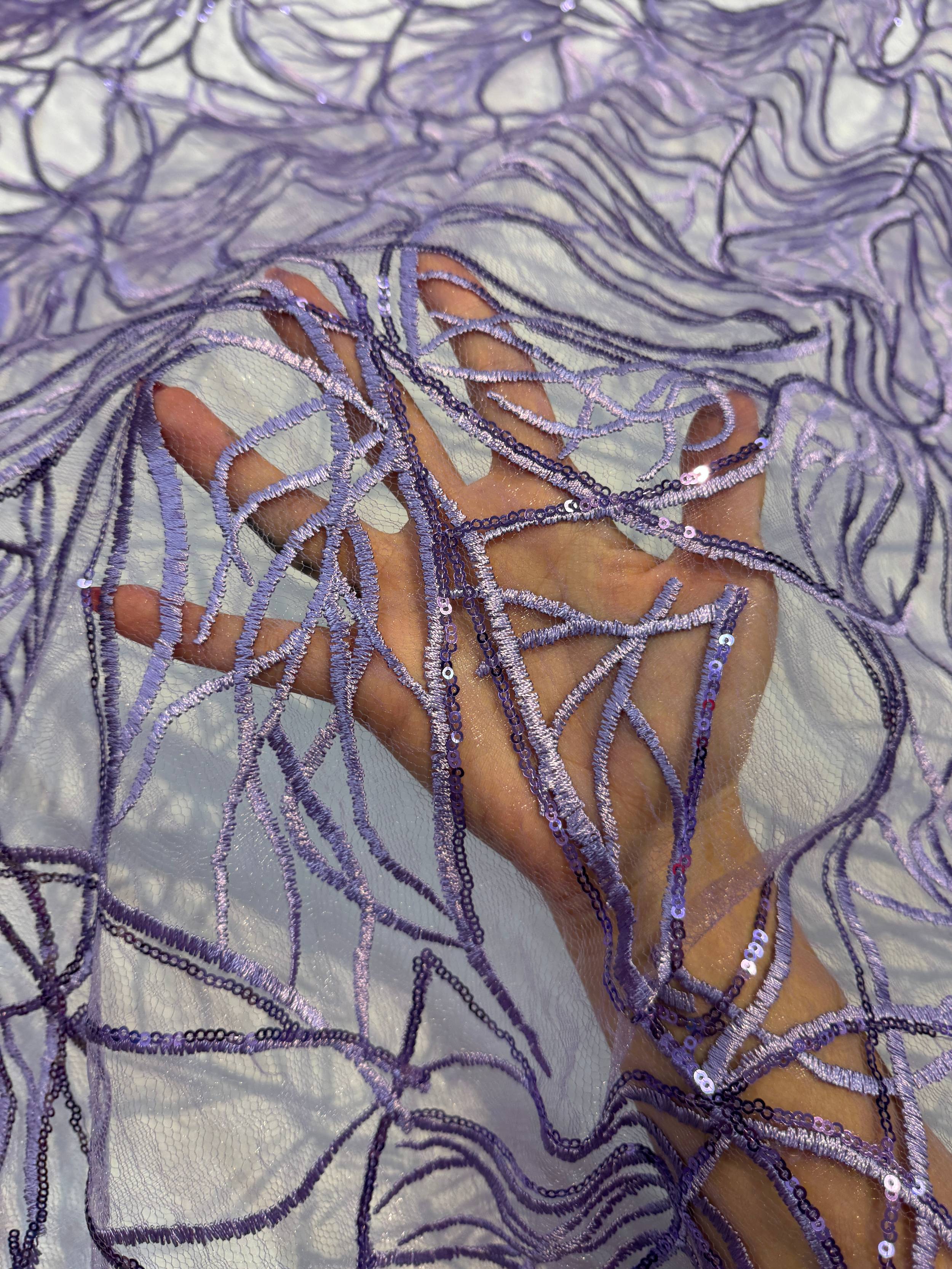 Lavender Infinity Web Sequin Embroidered Mesh, Kiki Sewing Store, Kiki Luxury Fabric, Cheap Fabric Store, Kiki Textiles, Kiki Textile by the Yard, Kiki Textile USA