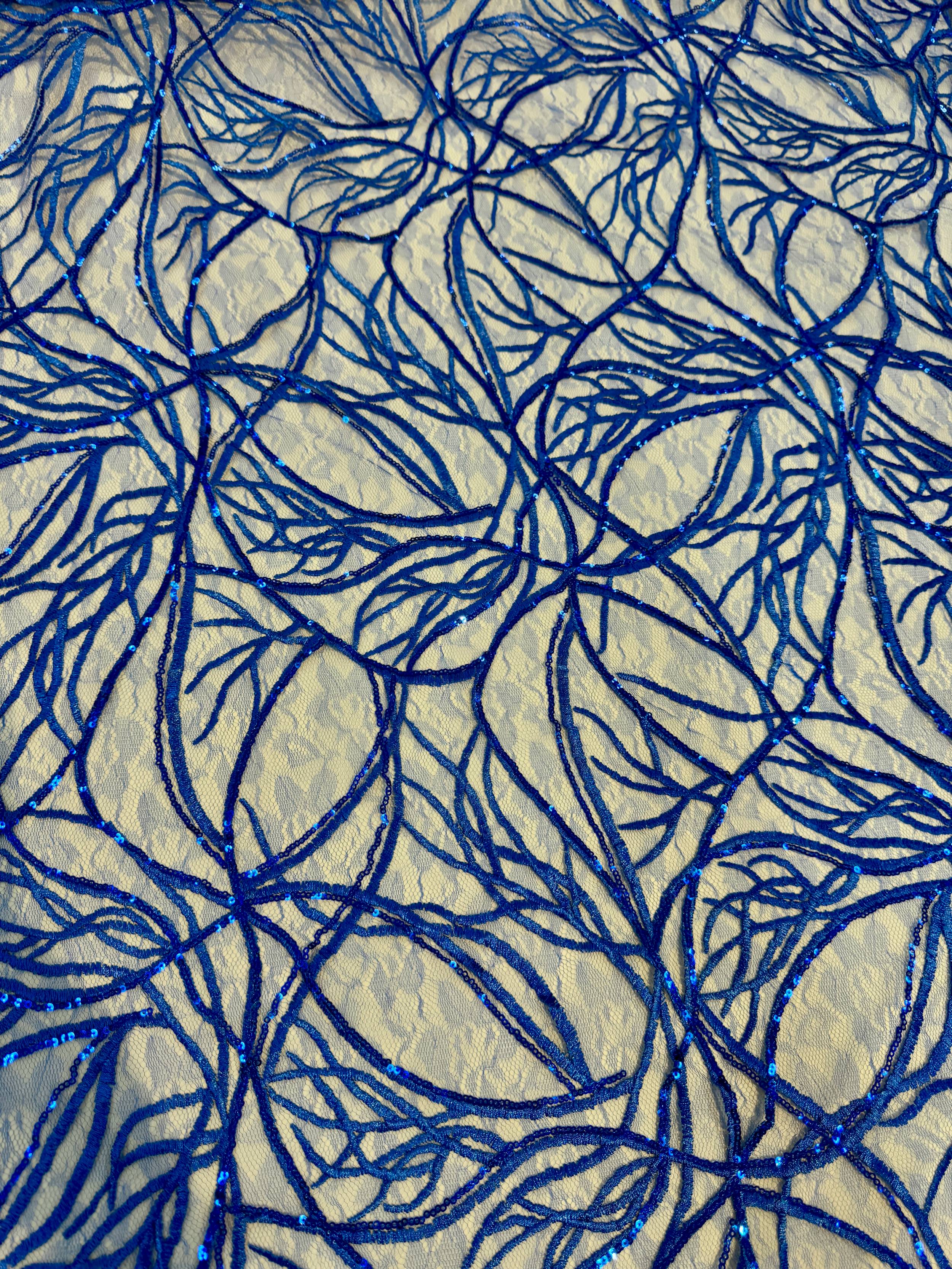 Royal Blue Infinity Web Sequin Embroidered Mesh, Embroidered Mesh Fabric, Stretch Mesh Lace, Sequin Embroidered Fabric, Sheer Sequin Fabric, Web Lace Fabric, Infinity Lace Fabric