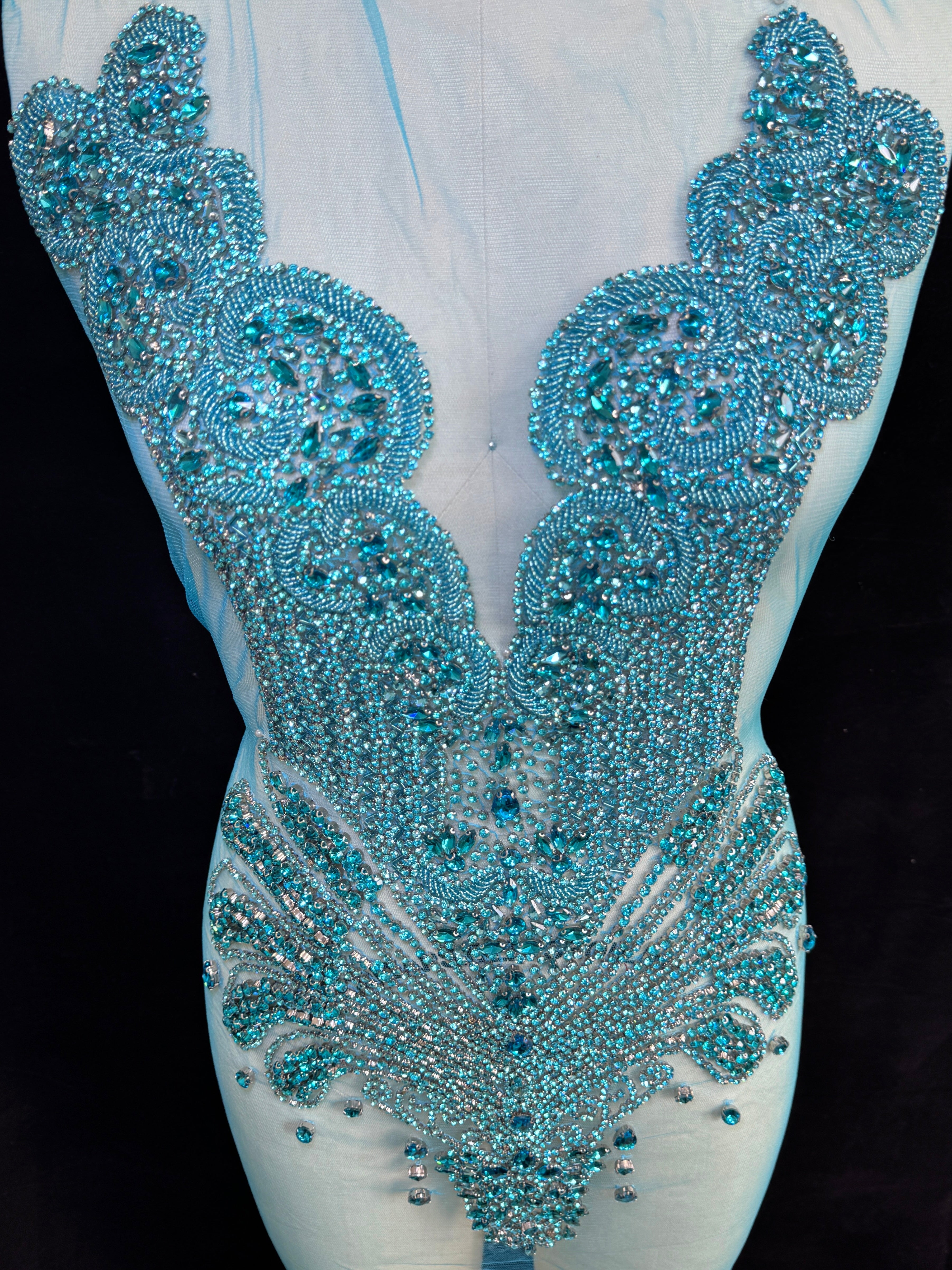 Giulia Turquoise Rhinestone Bodice Applique, blue rhinestone, dark blue rhinestone, light blue rhinestone,  