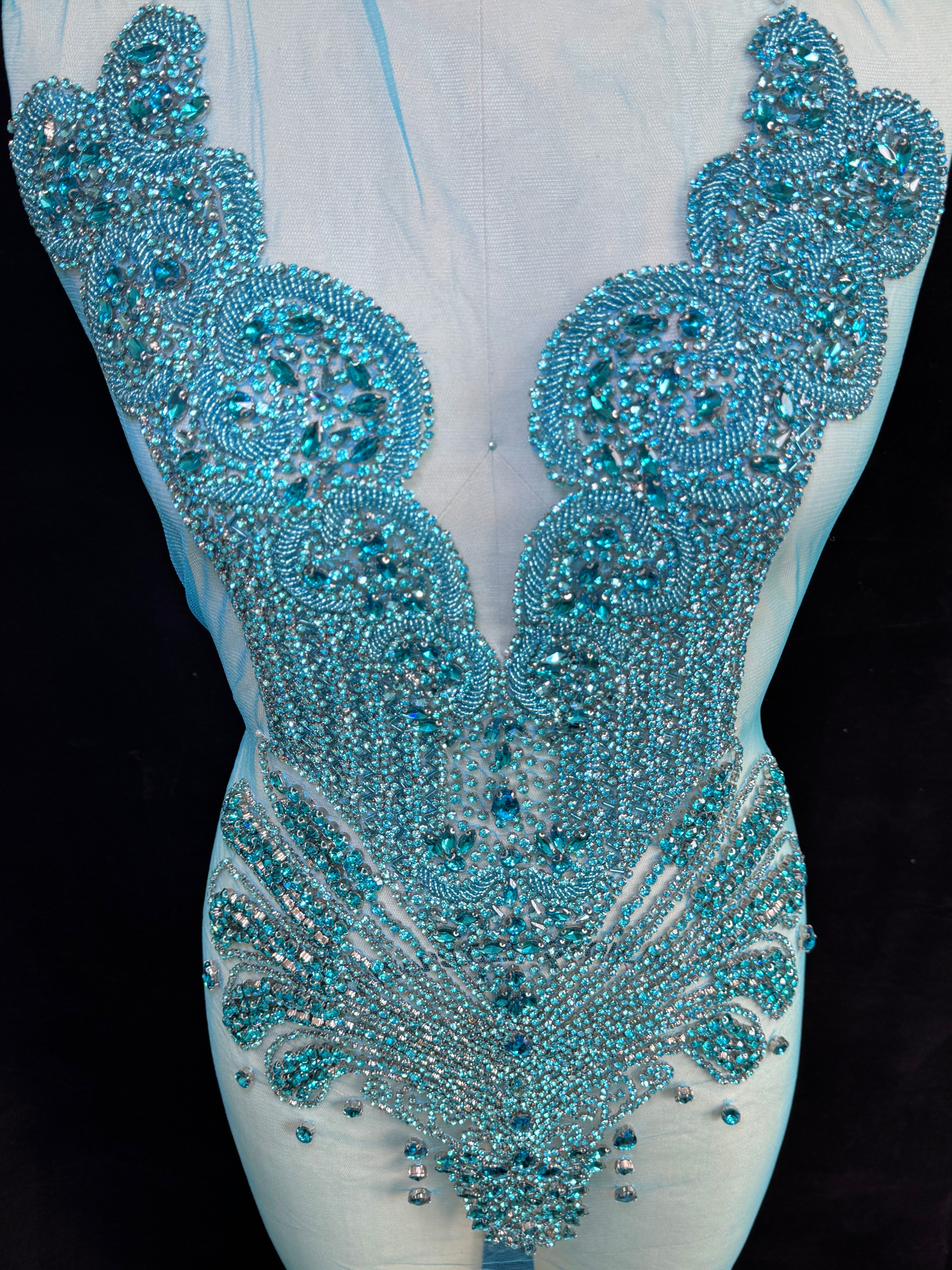 Giulia Turquoise Rhinestone Bodice Applique, blue rhinestone, dark blue rhinestone, light blue rhinestone,  