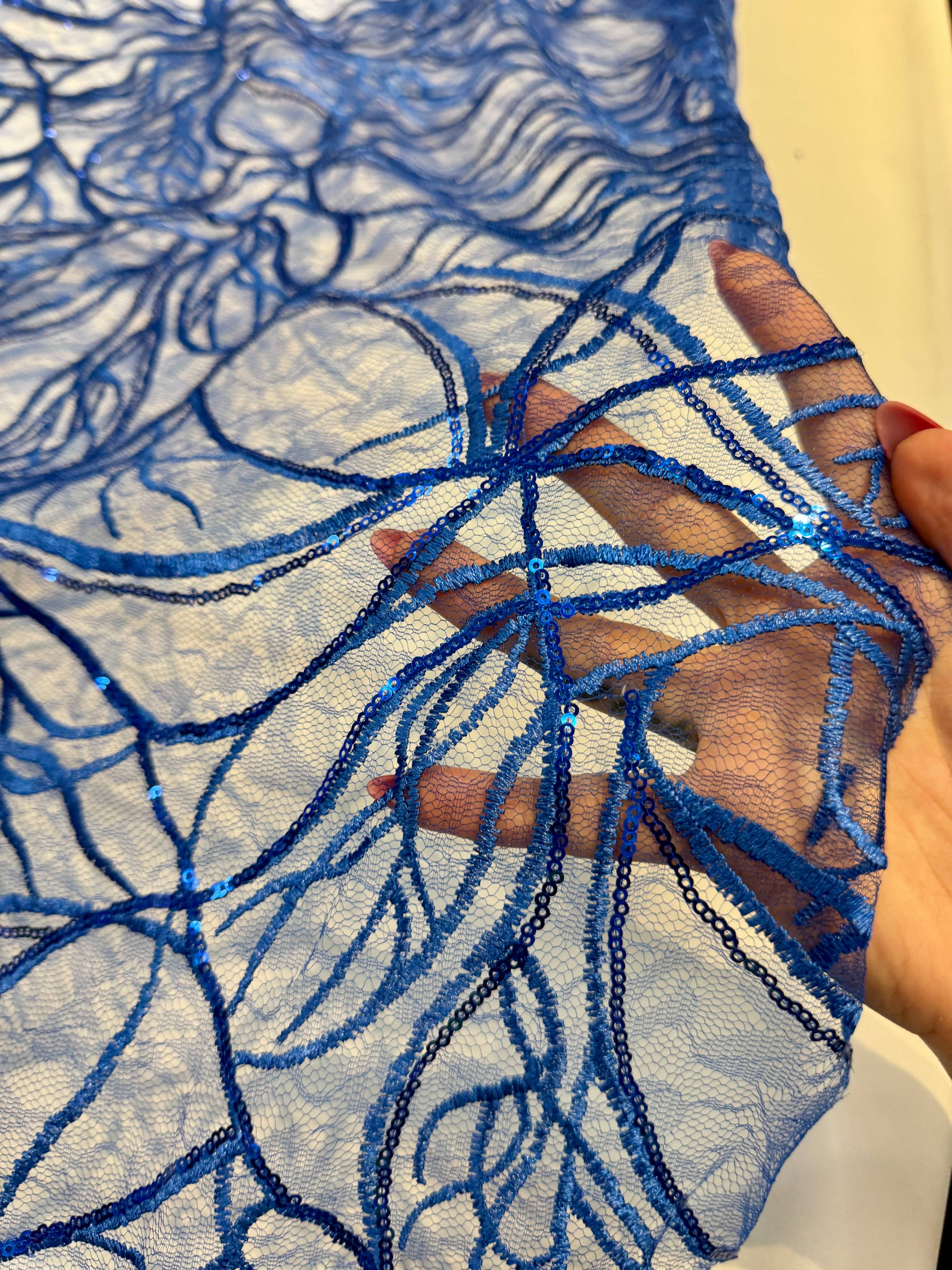Royal Blue Infinity Web Sequin Embroidered Mesh, Kiki Sewing Store, Kiki Luxury Fabric, Cheap Fabric Store, Kiki Textiles, Kiki Textile by the Yard, Kiki Textile USA