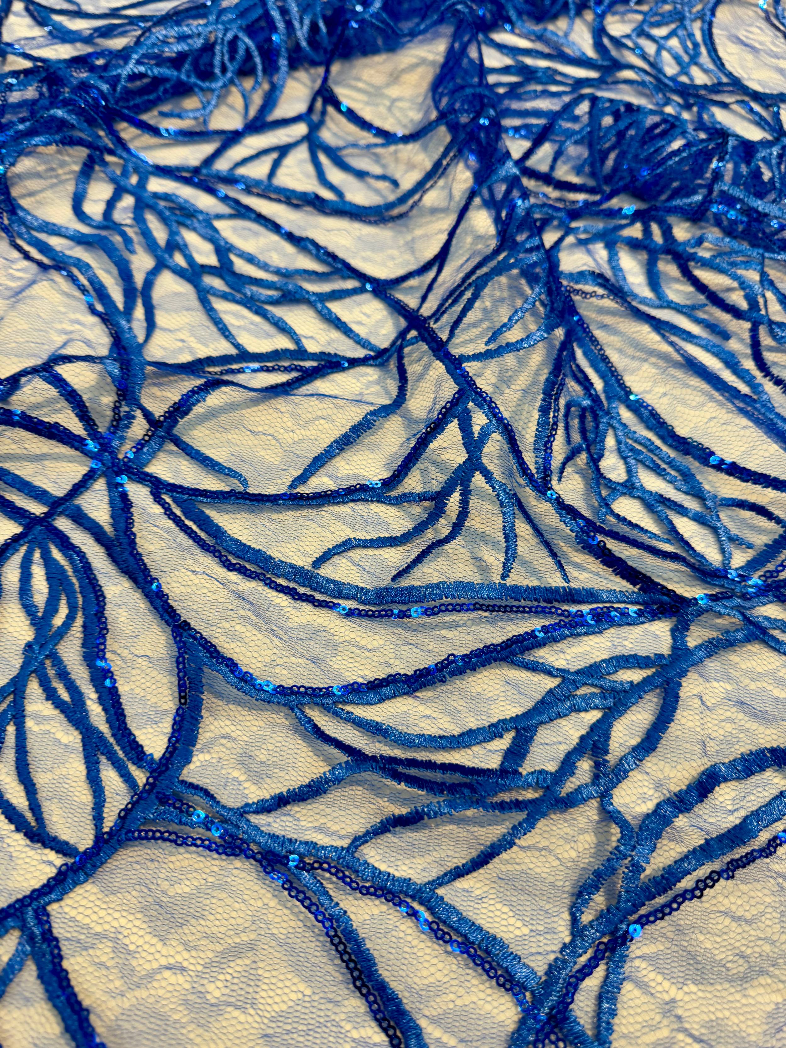 Royal Blue Infinity Web Sequin Embroidered Mesh, Embroidered Mesh Fabric, Stretch Mesh Lace, Sequin Embroidered Fabric, Sheer Sequin Fabric, Web Lace Fabric, Infinity Lace Fabric