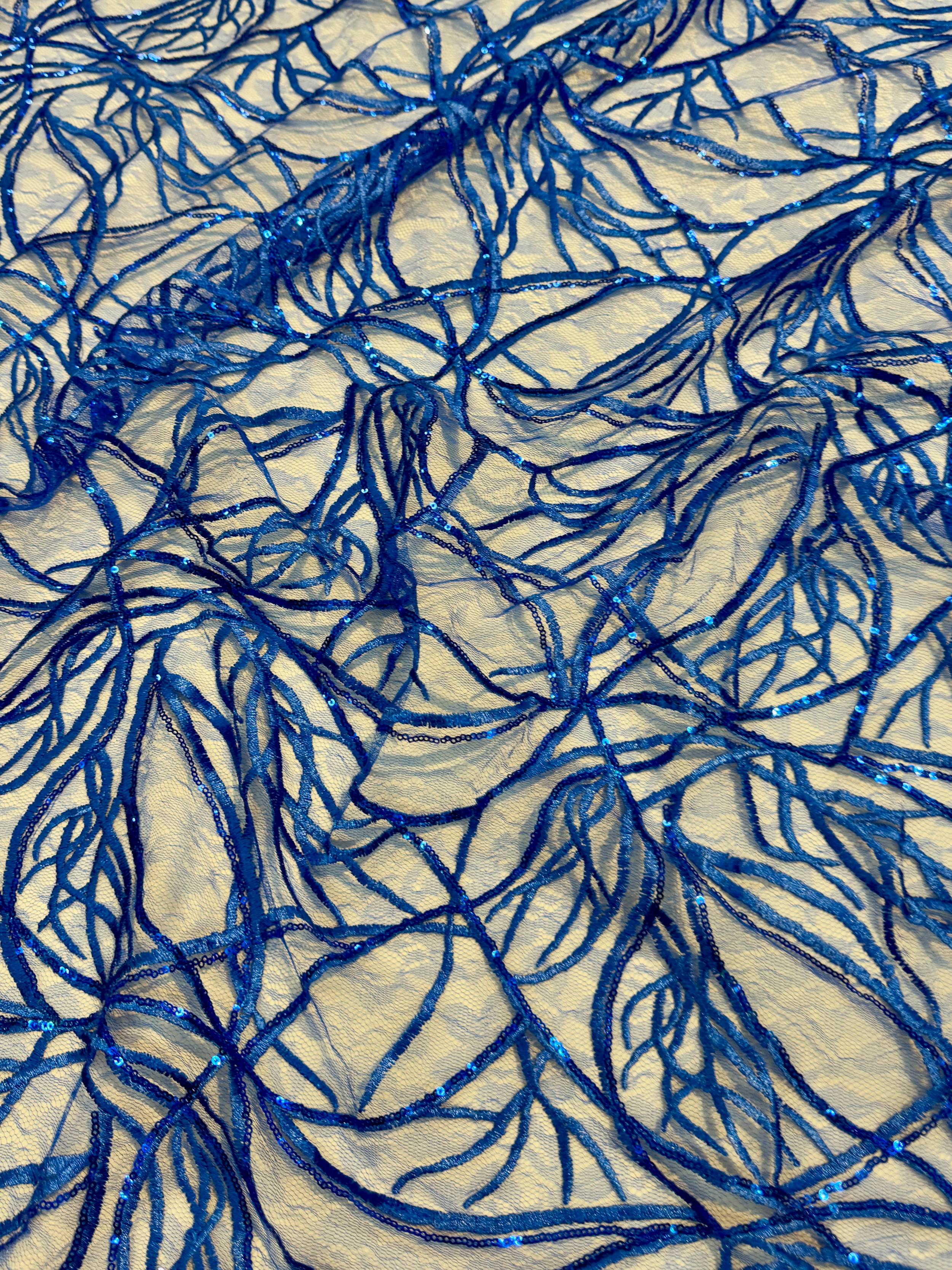 Royal Blue Infinity Web Sequin Embroidered Mesh, Embroidered Mesh Fabric, Stretch Mesh Lace, Sequin Embroidered Fabric, Sheer Sequin Fabric, Web Lace Fabric, Infinity Lace Fabric