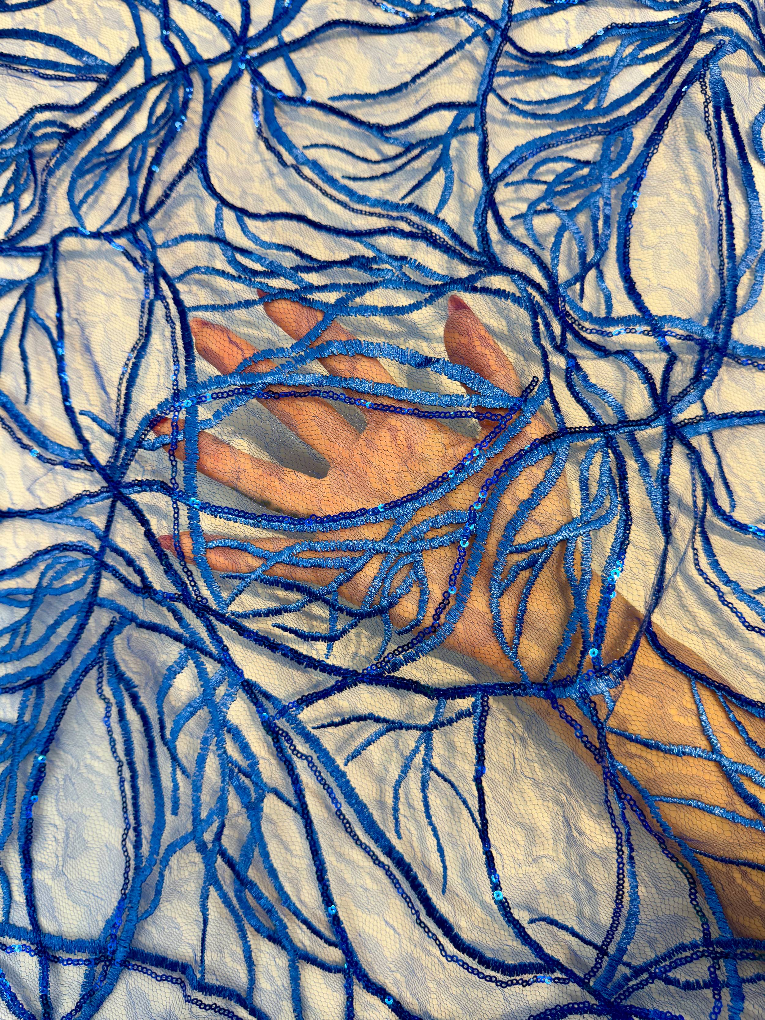 Royal Blue Infinity Web Sequin Embroidered Mesh, Embroidered Mesh Fabric, Stretch Mesh Lace, Sequin Embroidered Fabric, Sheer Sequin Fabric, Web Lace Fabric, Infinity Lace Fabric
