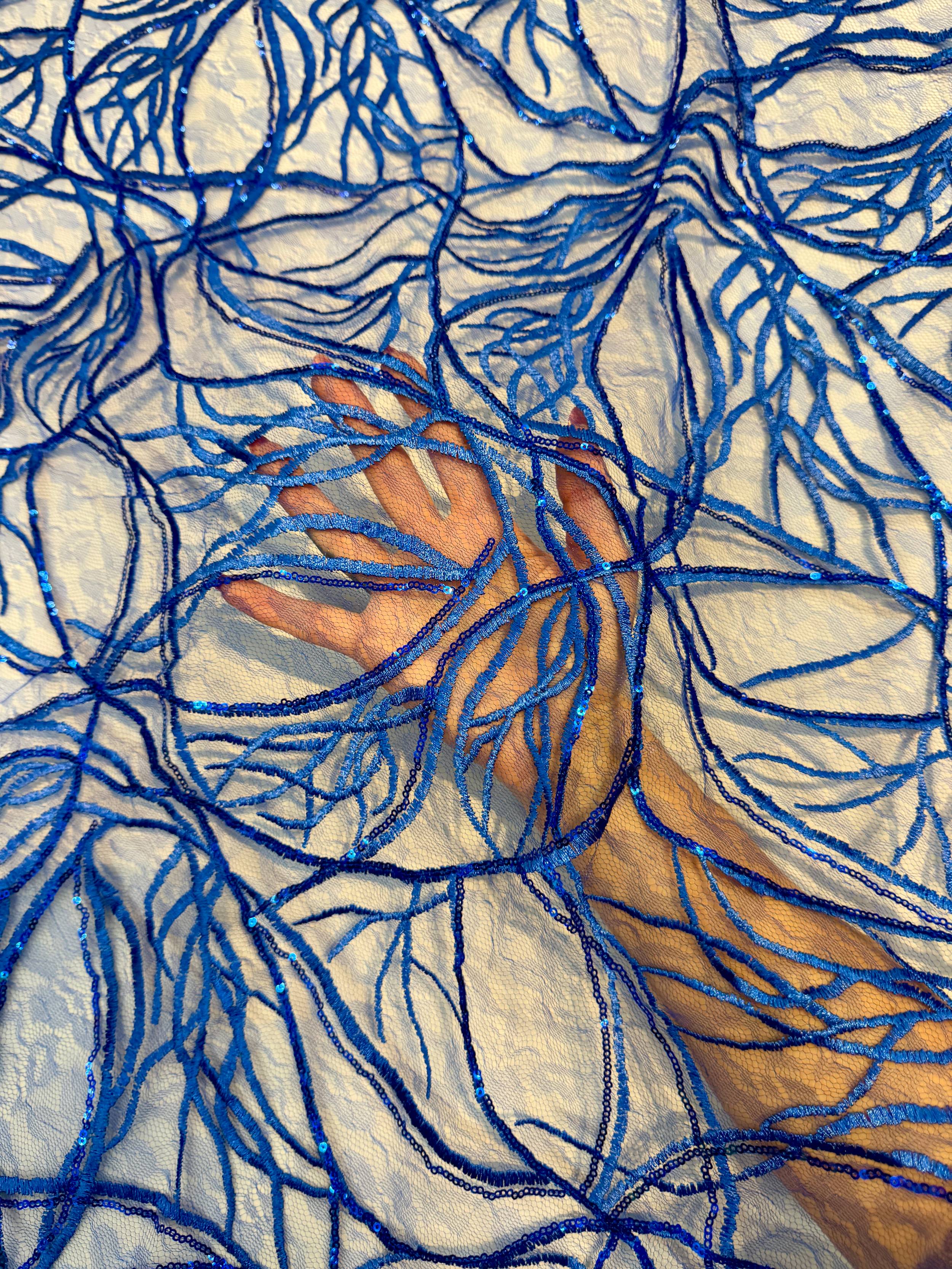 Royal Blue Infinity Web Sequin Embroidered Mesh, Kiki Sewing Store, Kiki Luxury Fabric, Cheap Fabric Store, Kiki Textiles, Kiki Textile by the Yard, Kiki Textile USA