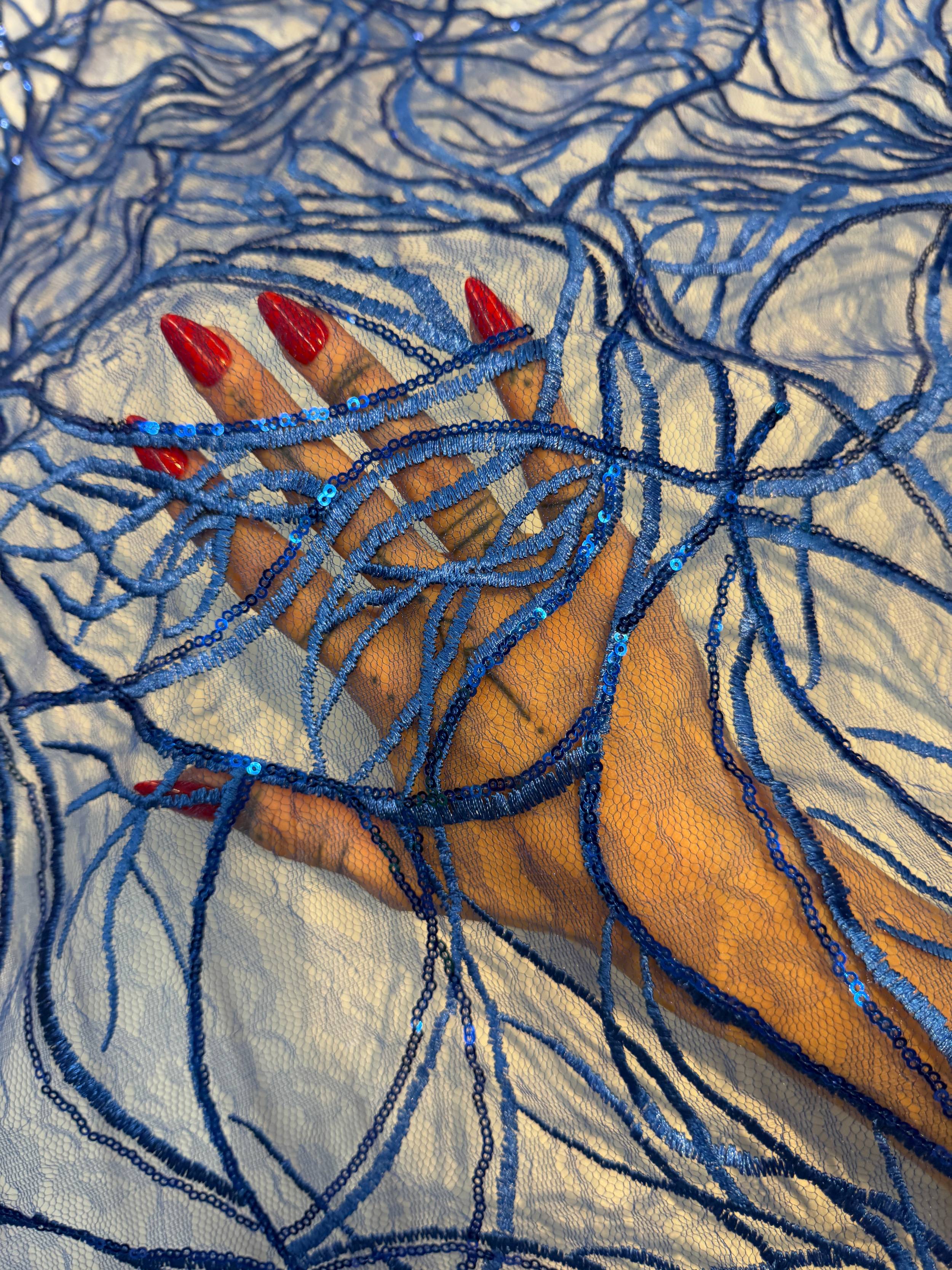 Royal Blue Infinity Web Sequin Embroidered Mesh, Kiki Sewing Store, Kiki Luxury Fabric, Cheap Fabric Store, Kiki Textiles, Kiki Textile by the Yard, Kiki Textile USA
