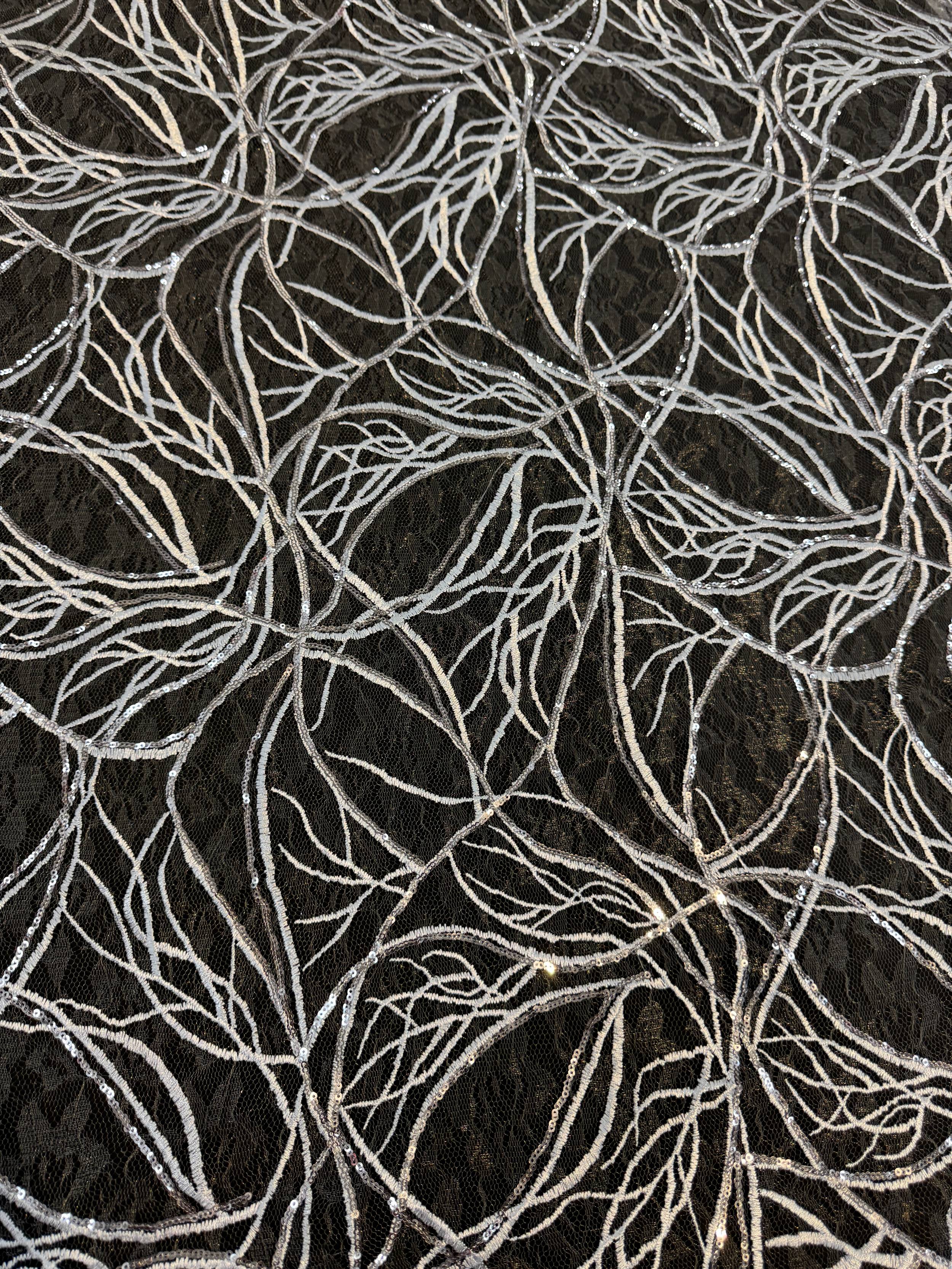 Silver Infinity Web Sequin Embroidered Mesh, Embroidered Mesh Fabric, Stretch Mesh Lace, Sequin Embroidered Fabric, Sheer Sequin Fabric, Web Lace Fabric, Infinity Lace Fabric