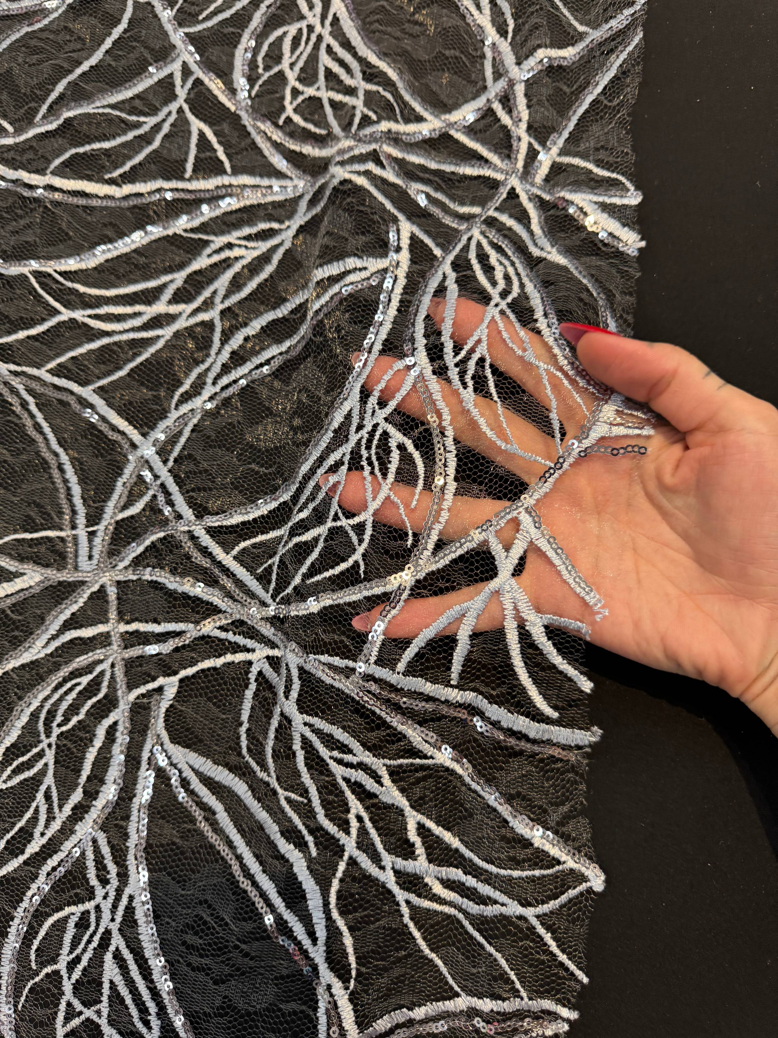 Silver Infinity Web Sequin Embroidered Mesh, Kiki Sewing Store, Kiki Luxury Fabric, Cheap Fabric Store, Kiki Textiles, Kiki Textile by the Yard, Kiki Textile USA