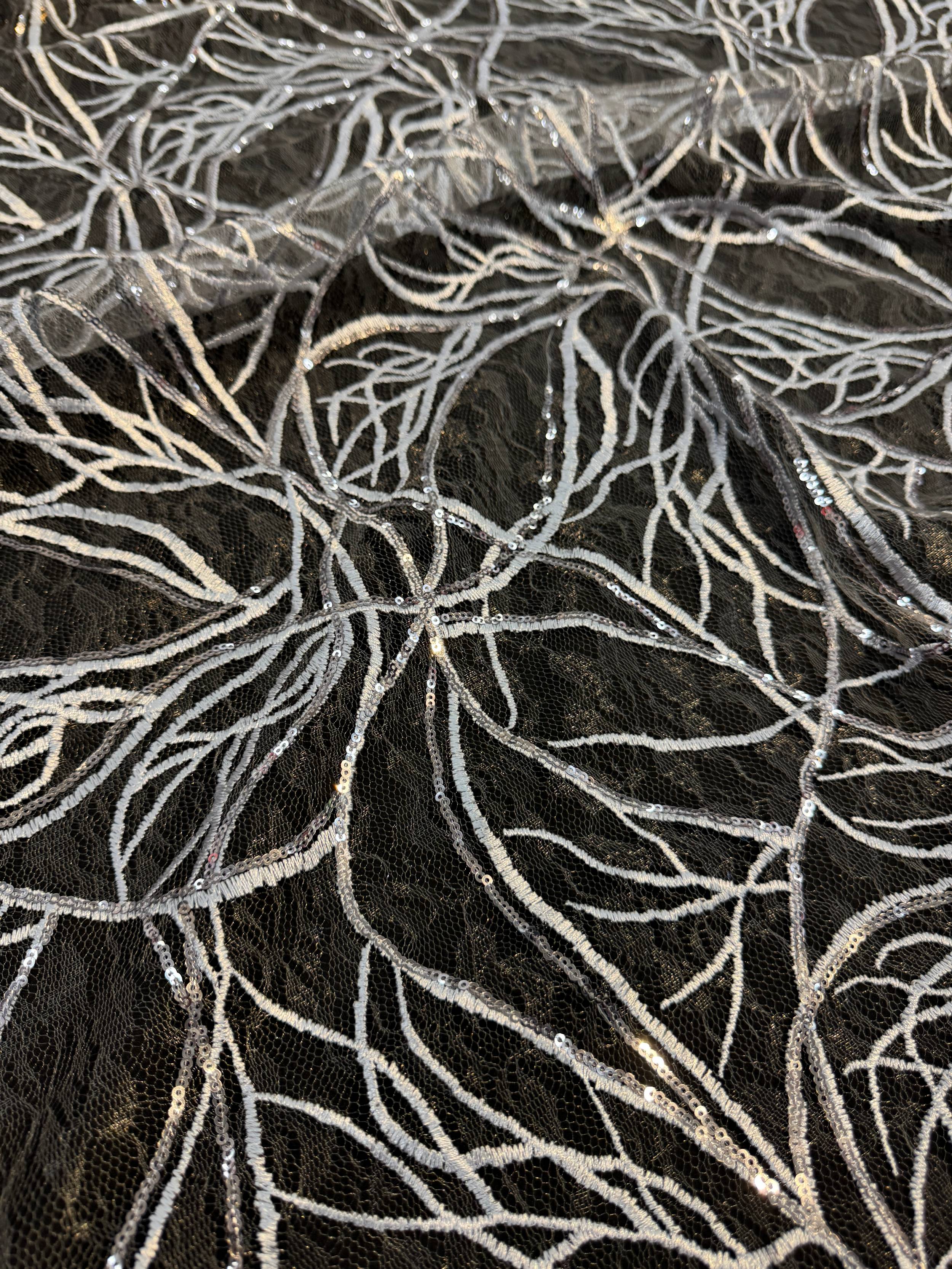 Silver Infinity Web Sequin Embroidered Mesh, Kiki Sewing Store, Kiki Luxury Fabric, Cheap Fabric Store, Kiki Textiles, Kiki Textile by the Yard, Kiki Textile USA