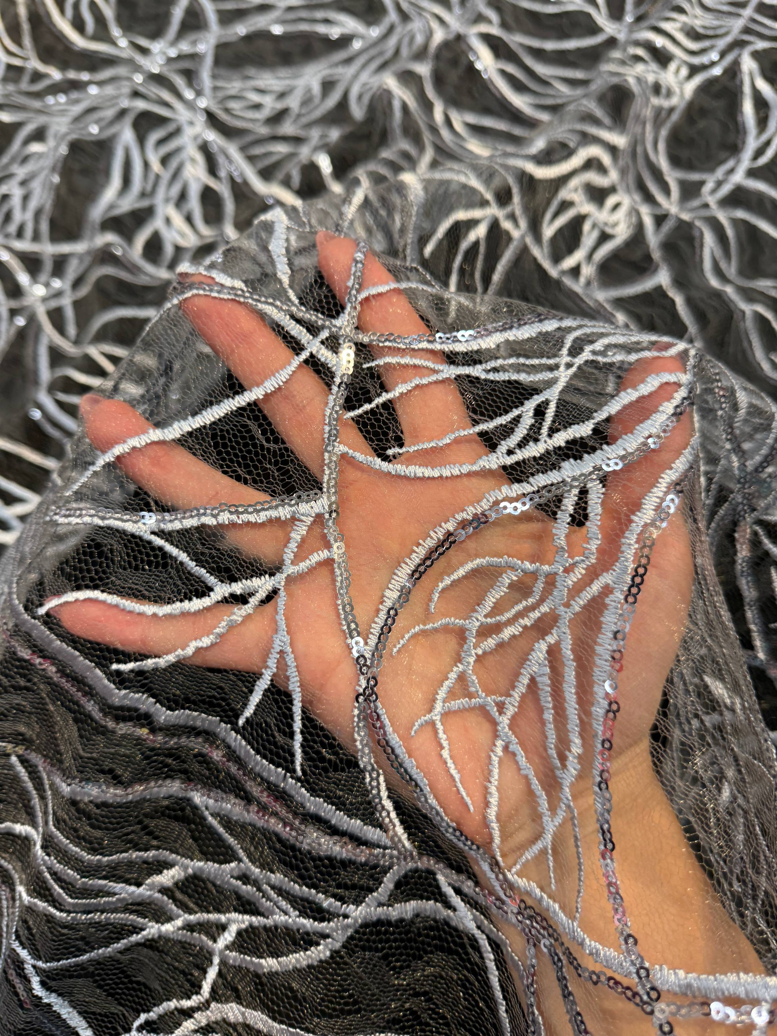 Silver Infinity Web Sequin Embroidered Mesh, Embroidered Mesh Fabric, Stretch Mesh Lace, Sequin Embroidered Fabric, Sheer Sequin Fabric, Web Lace Fabric, Infinity Lace Fabric