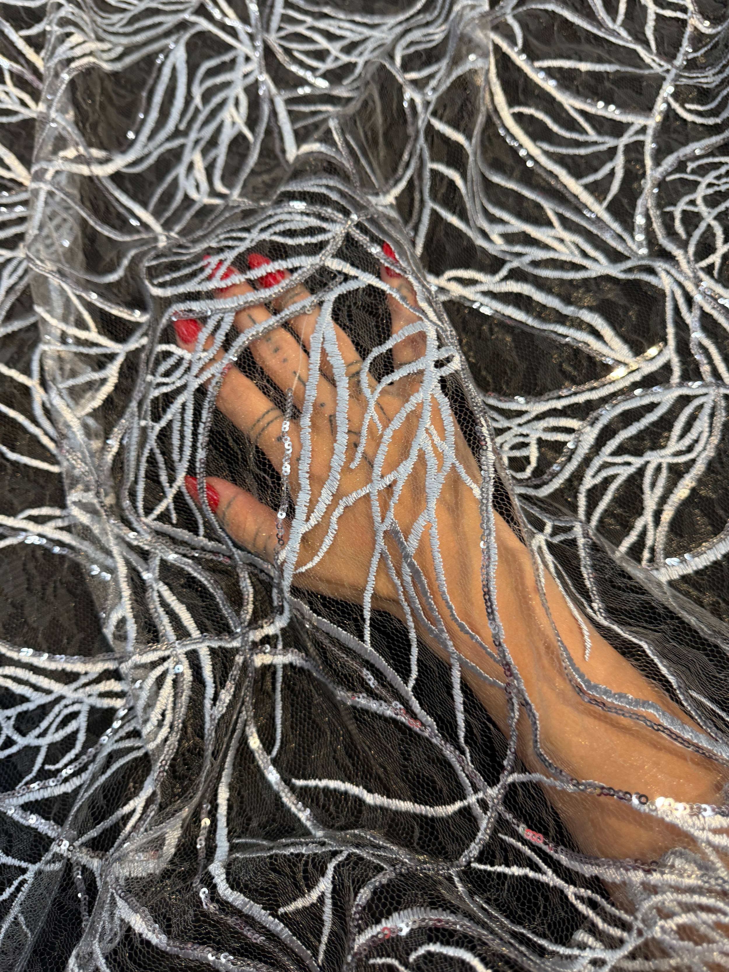 Silver Infinity Web Sequin Embroidered Mesh, Kiki Sewing Store, Kiki Luxury Fabric, Cheap Fabric Store, Kiki Textiles, Kiki Textile by the Yard, Kiki Textile USA