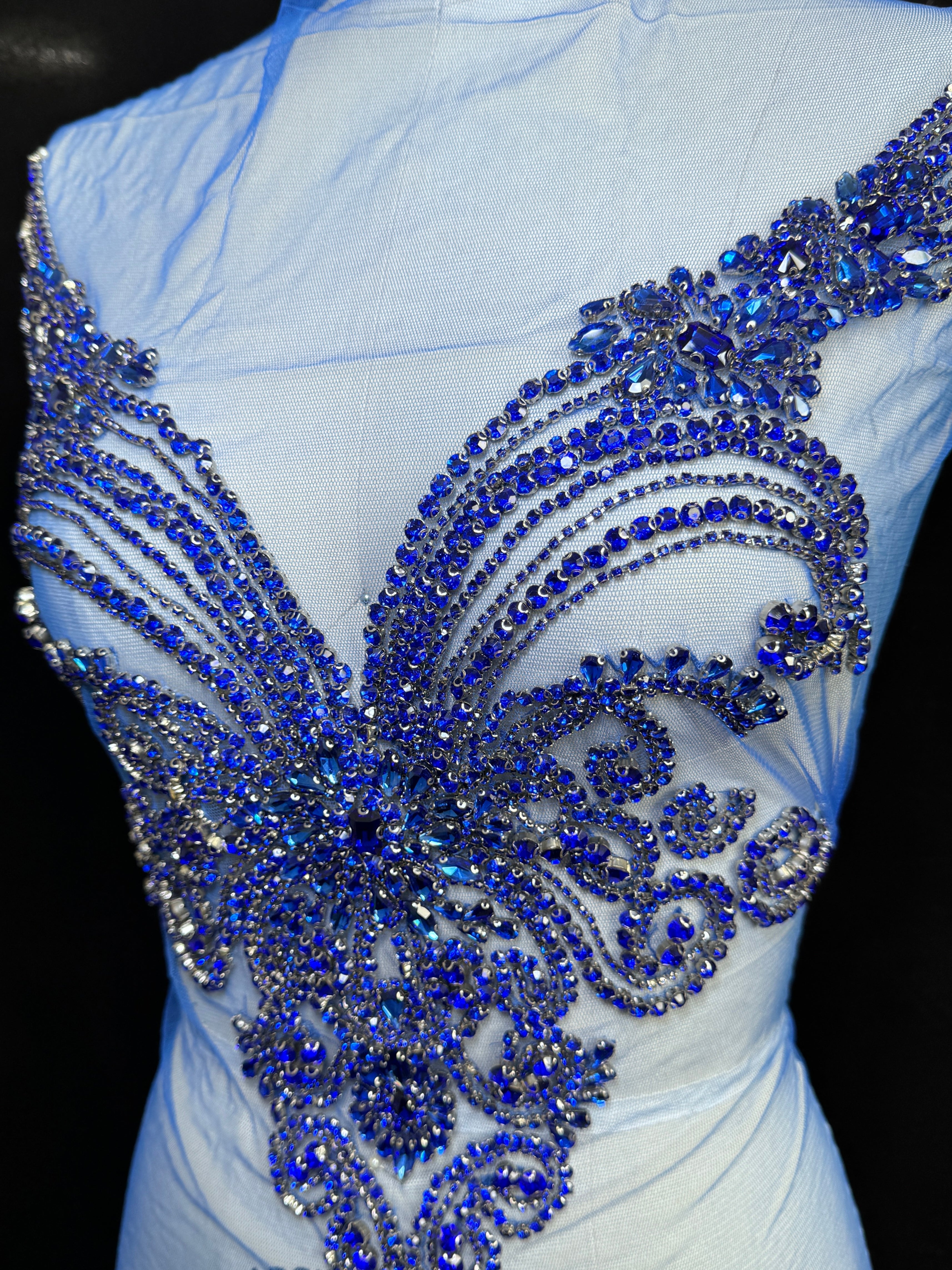 Amy Royal Blue Rhinestone Bodice Applique, blue rhinestone, dark blue rhinestone, light blue rhinestone,