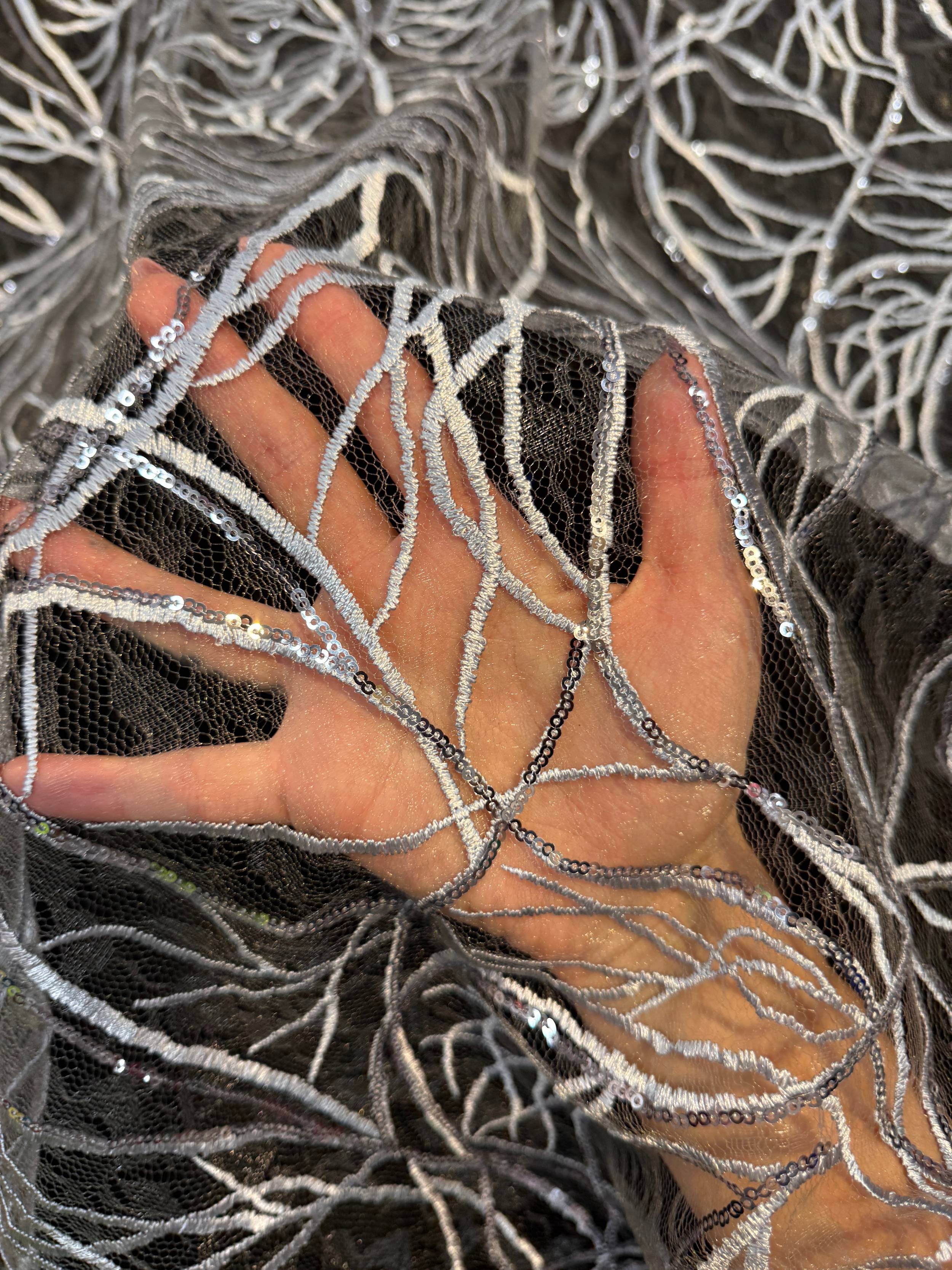 Silver Infinity Web Sequin Embroidered Mesh, Kiki Sewing Store, Kiki Luxury Fabric, Cheap Fabric Store, Kiki Textiles, Kiki Textile by the Yard, Kiki Textile USA