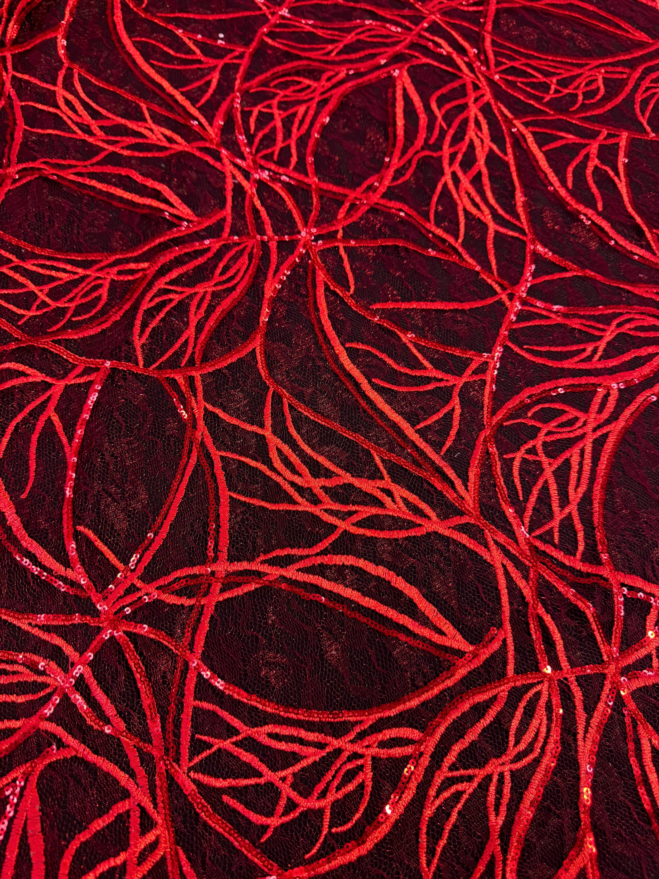 Red Infinity Web Sequin Embroidered Mesh, Embroidered Mesh Fabric, Stretch Mesh Lace, Sequin Embroidered Fabric, Sheer Sequin Fabric, Web Lace Fabric, Infinity Lace Fabric