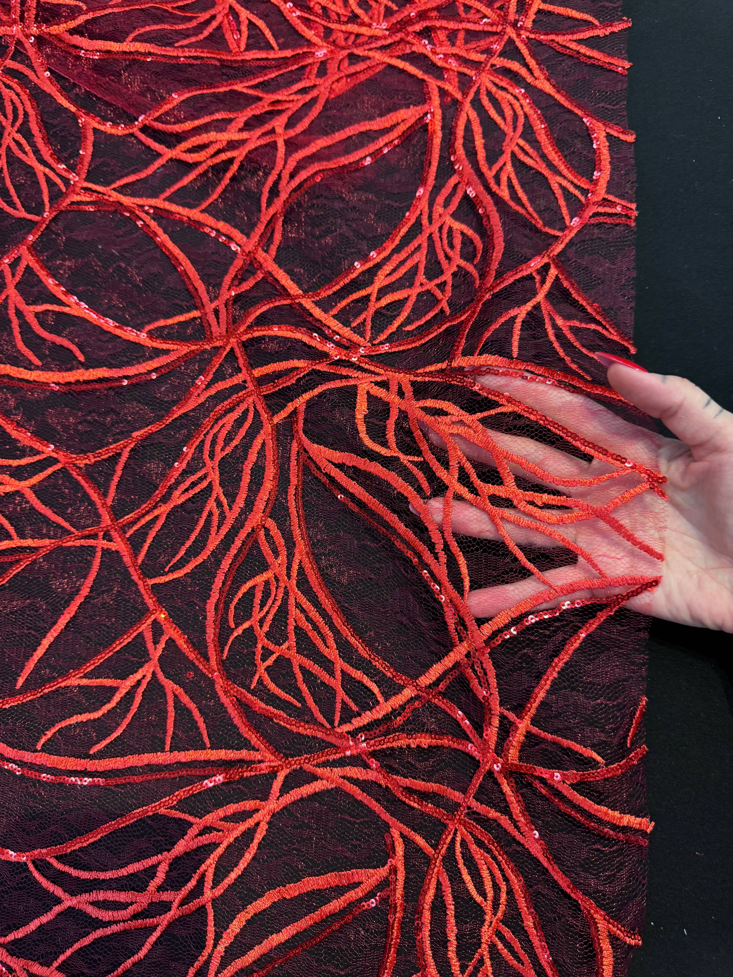 Red Infinity Web Sequin Embroidered Mesh, Embroidered Mesh Fabric, Stretch Mesh Lace, Sequin Embroidered Fabric, Sheer Sequin Fabric, Web Lace Fabric, Infinity Lace Fabric