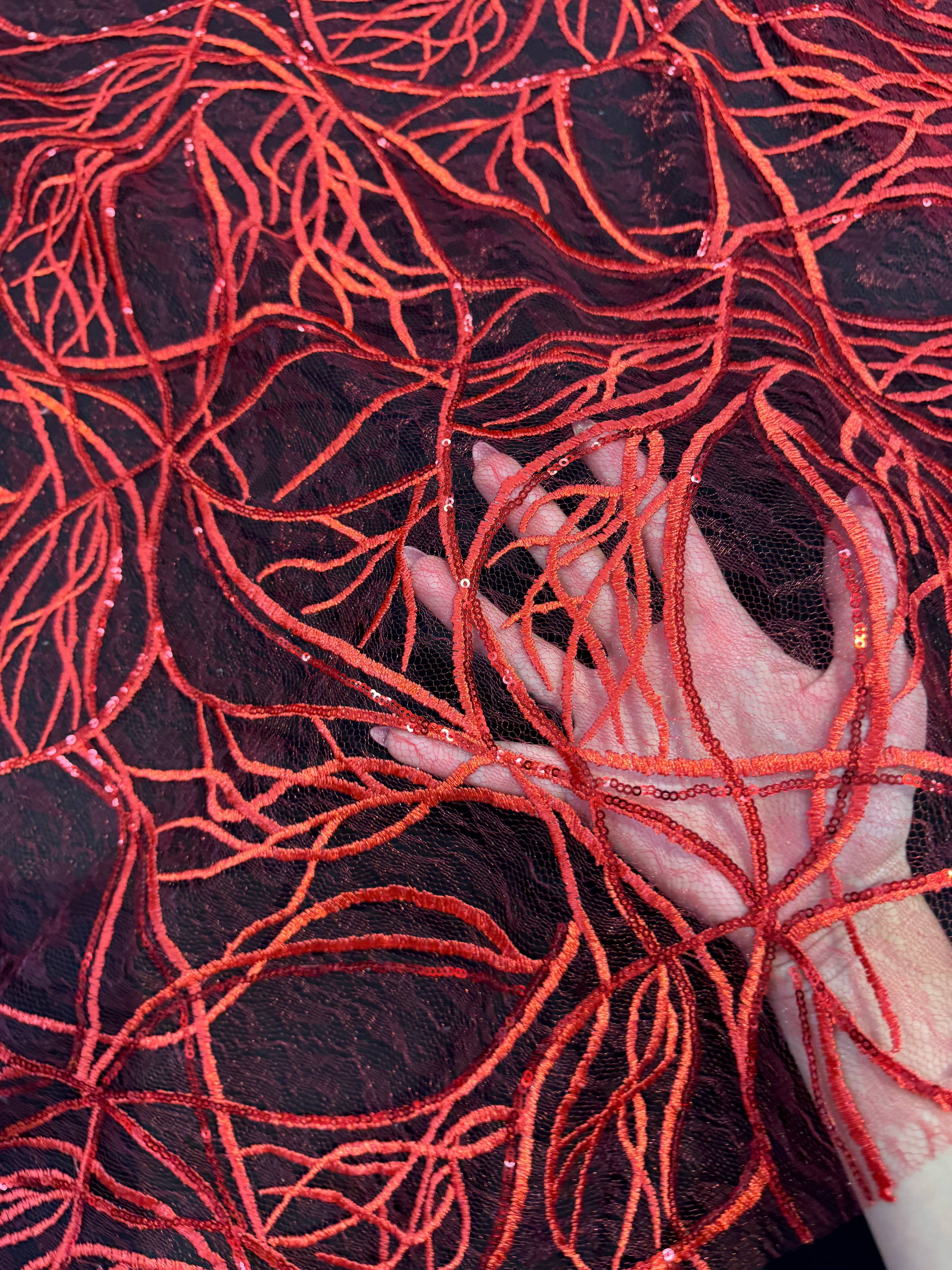 Red Infinity Web Sequin Embroidered Mesh, Embroidered Mesh Fabric, Stretch Mesh Lace, Sequin Embroidered Fabric, Sheer Sequin Fabric, Web Lace Fabric, Infinity Lace Fabric