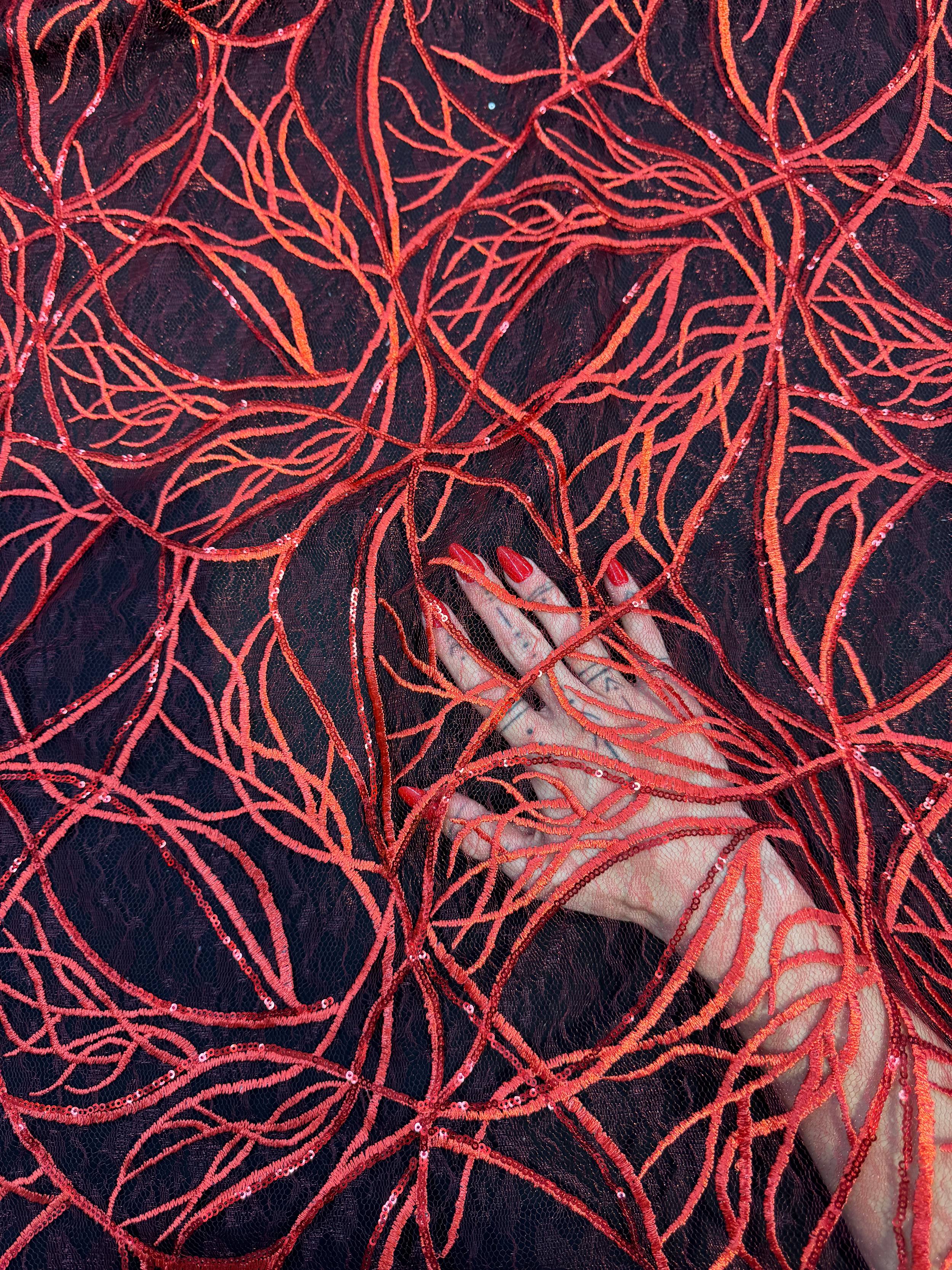 Red Infinity Web Sequin Embroidered Mesh, Kiki Sewing Store, Kiki Luxury Fabric, Cheap Fabric Store, Kiki Textiles, Kiki Textile by the Yard, Kiki Textile USA
