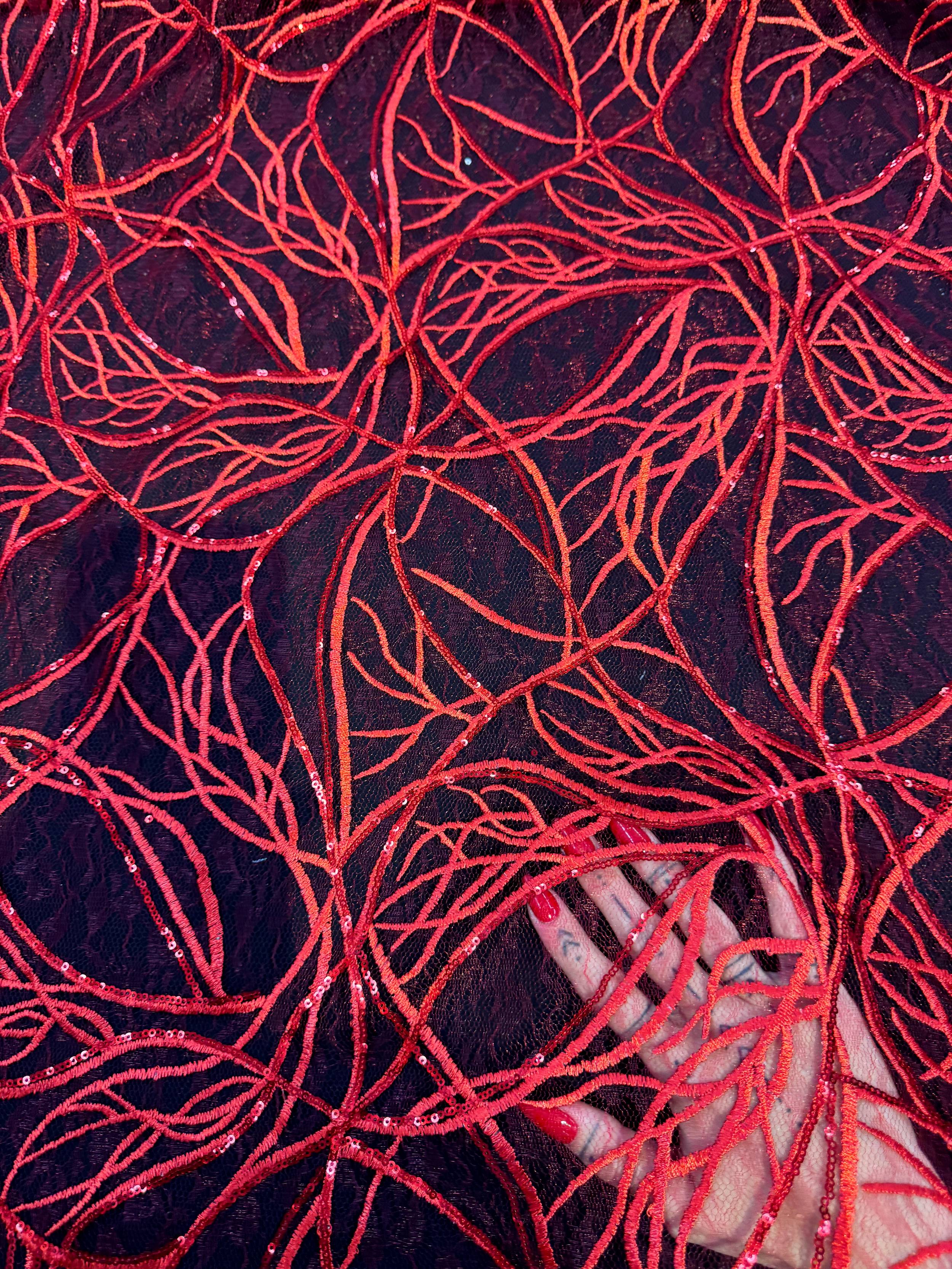 Red Infinity Web Sequin Embroidered Mesh, Embroidered Mesh Fabric, Stretch Mesh Lace, Sequin Embroidered Fabric, Sheer Sequin Fabric, Web Lace Fabric, Infinity Lace Fabric