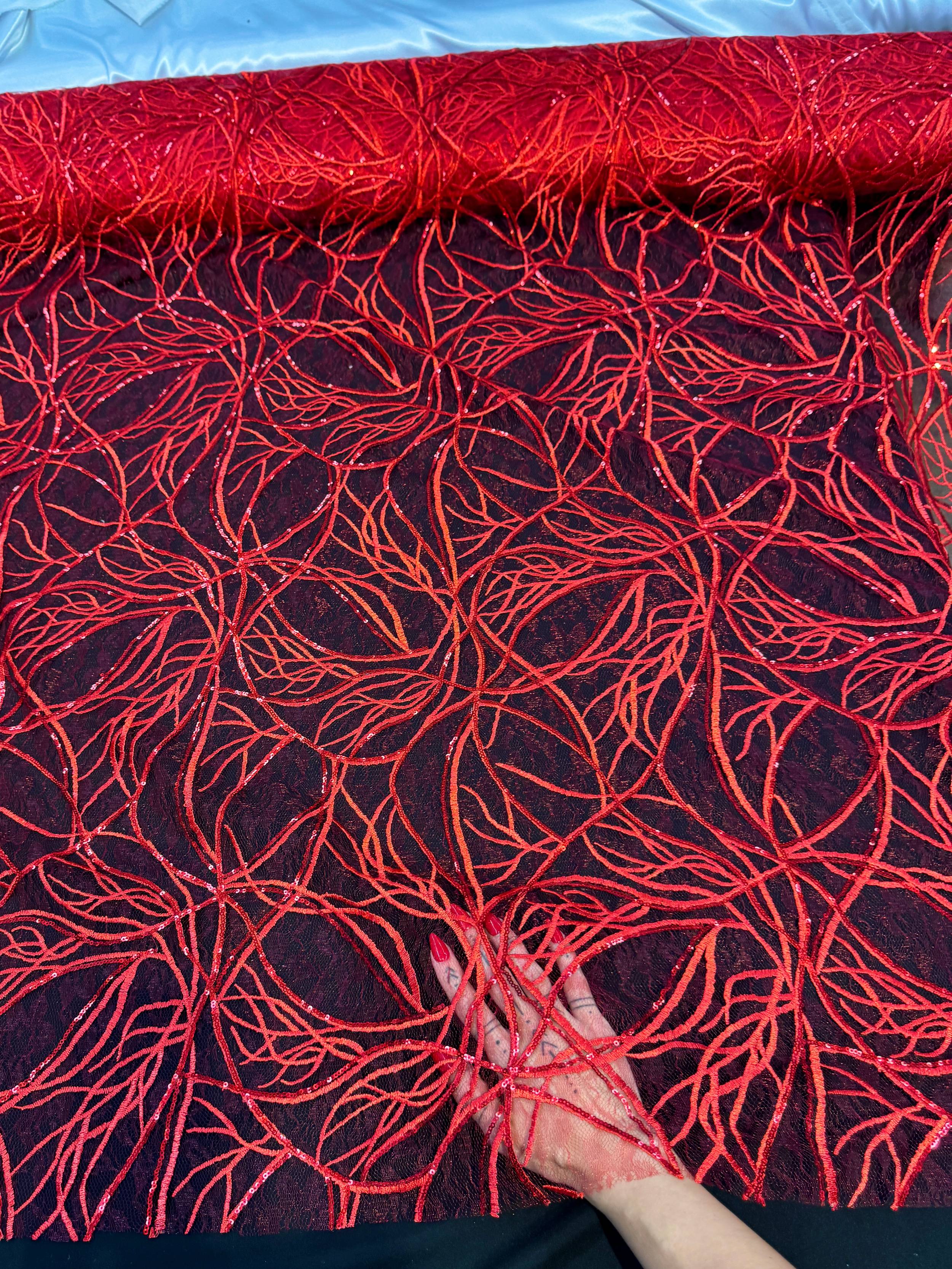 Red Infinity Web Sequin Embroidered Mesh, Kiki Sewing Store, Kiki Luxury Fabric, Cheap Fabric Store, Kiki Textiles, Kiki Textile by the Yard, Kiki Textile USA