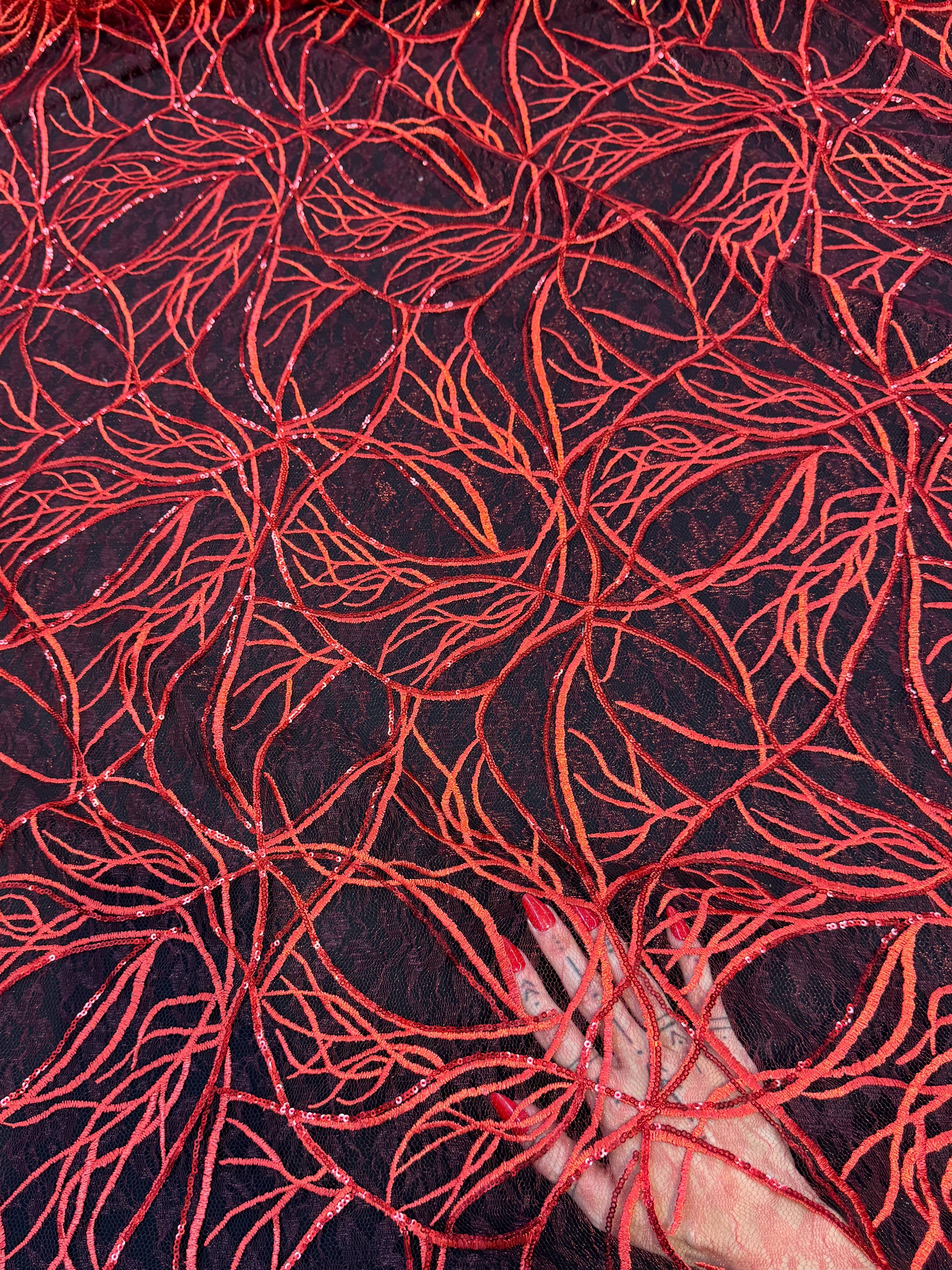 Red Infinity Web Sequin Embroidered Mesh, Kiki Sewing Store, Kiki Luxury Fabric, Cheap Fabric Store, Kiki Textiles, Kiki Textile by the Yard, Kiki Textile USA