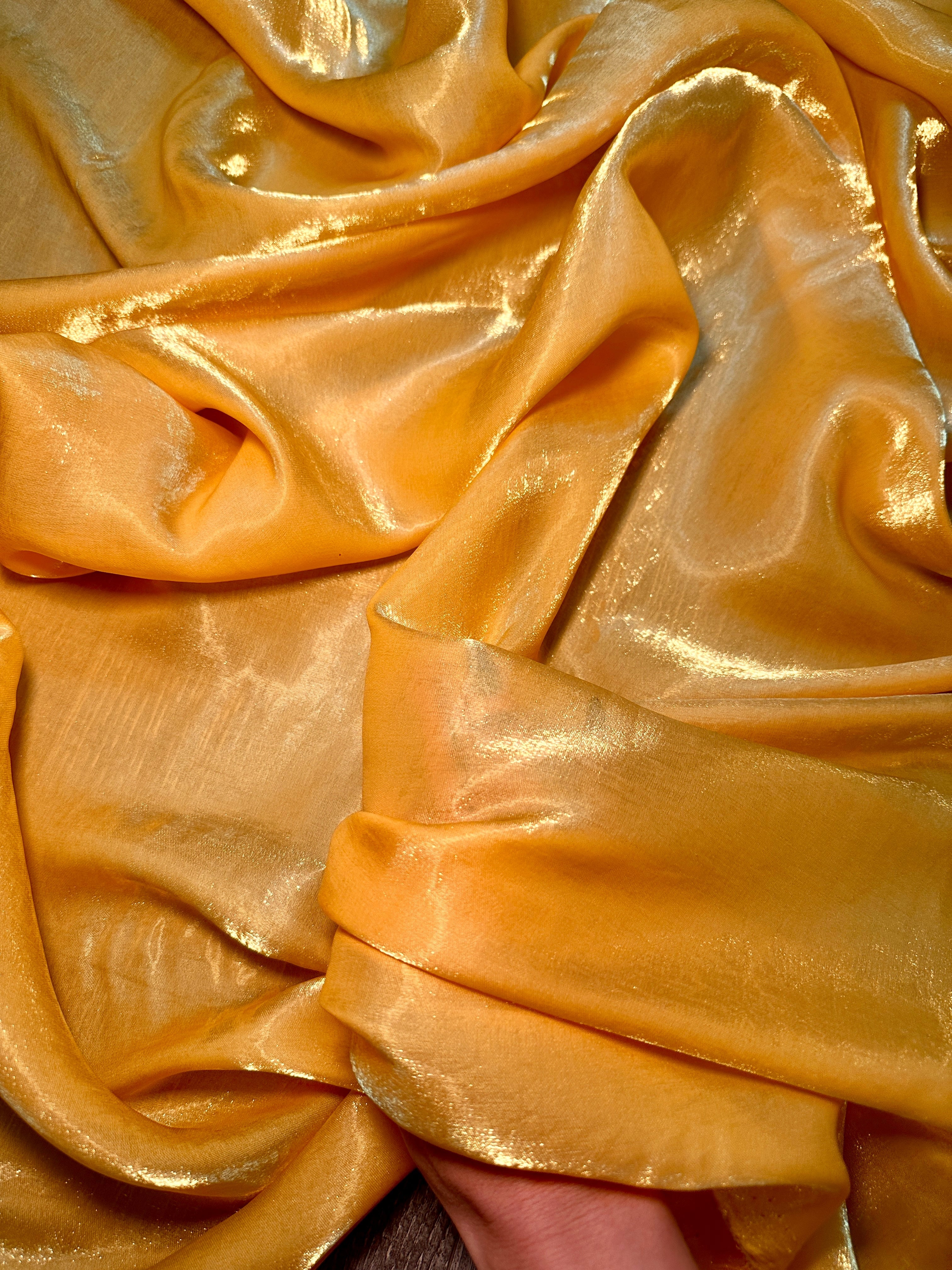 Golden Yellow Water Liquid Shimmery Chiffon, Premium Glittery Chiffon, Wet Chiffon, Shimmery Chiffon, Fancy fabric, Luxurious liquid fabric, Chiffon for women