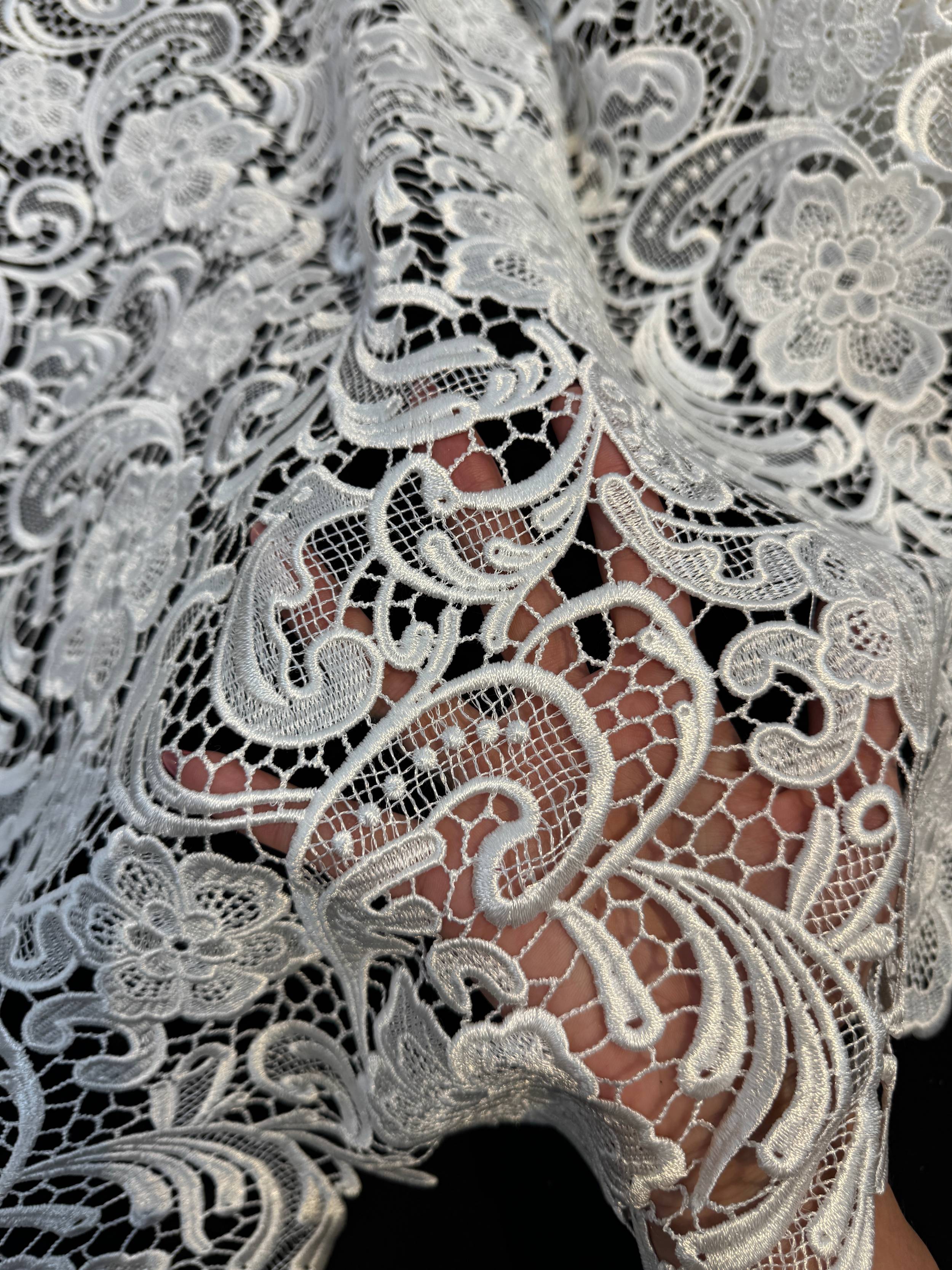 Off White Floral Couture Embroidered Scalloped Guipure, Kiki Sewing Store, Kiki Luxury Fabric, Cheap Fabric Store, Kiki Textiles, Kiki Textile by the Yard, Kiki Textile USA