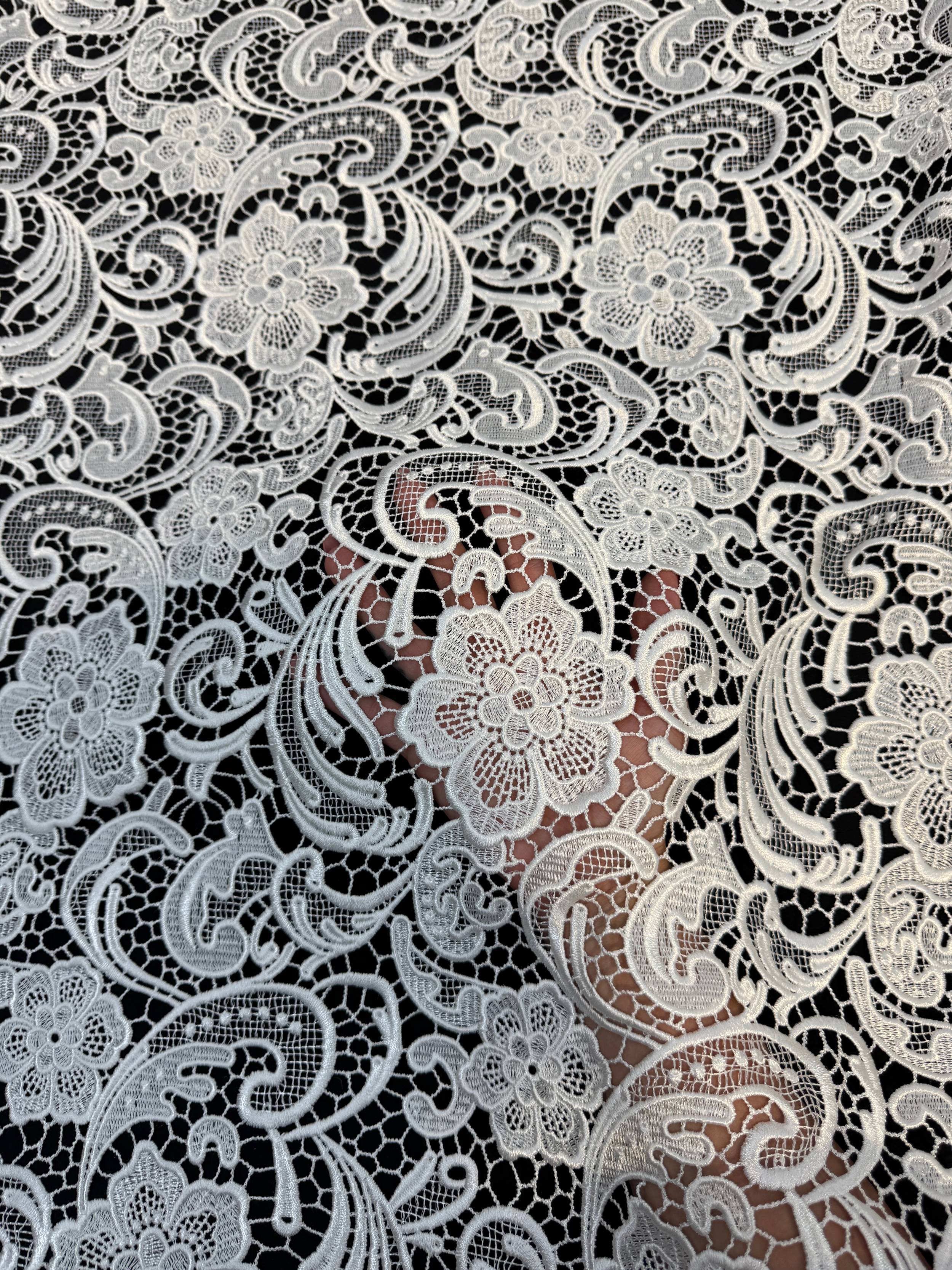 Off White Floral Couture Embroidered Scalloped Guipure, Kiki Sewing Store, Kiki Luxury Fabric, Cheap Fabric Store, Kiki Textiles, Kiki Textile by the Yard, Kiki Textile USA