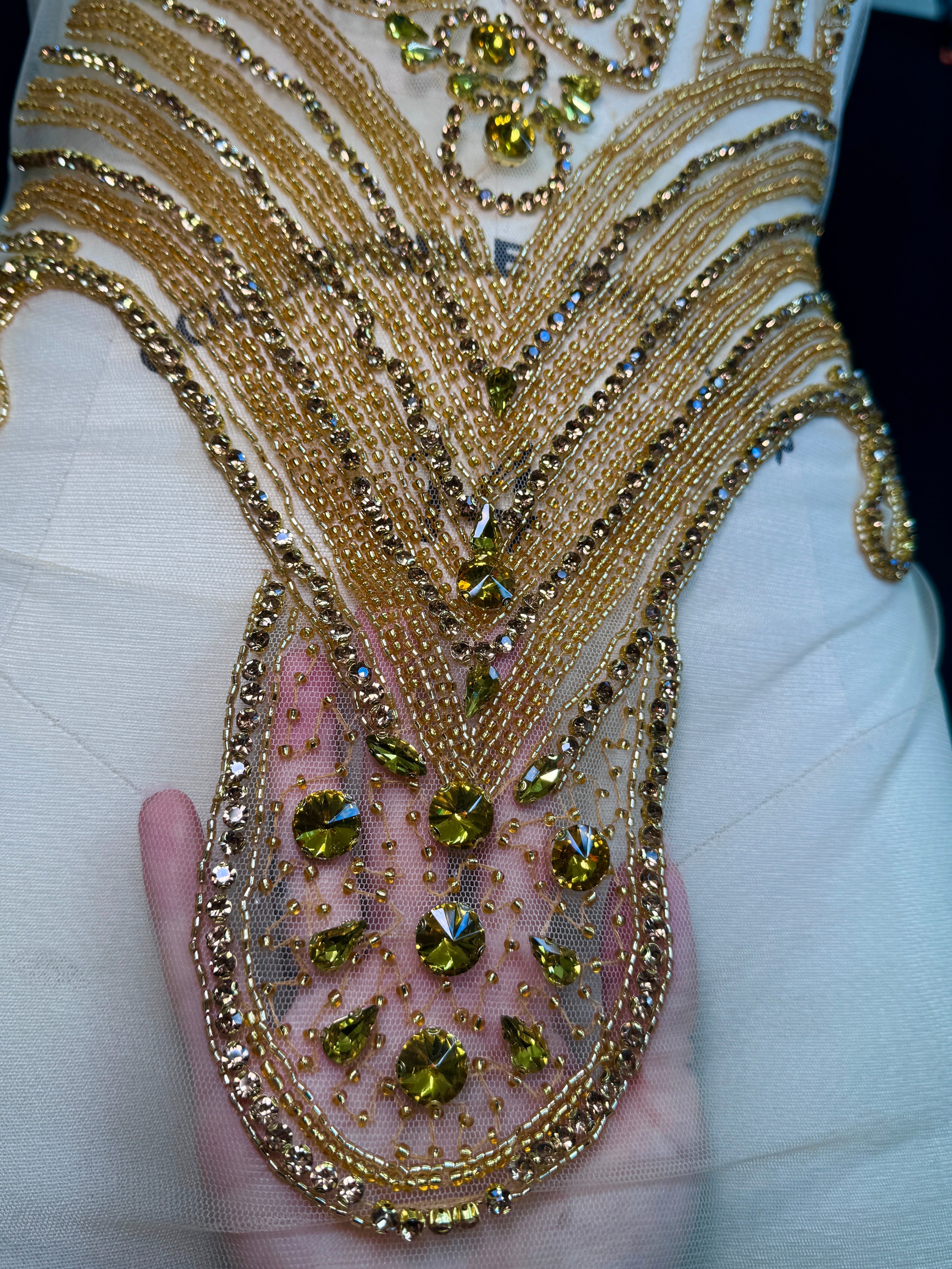 Rachael Gold Rhinestone Bodice Applique, gold rhinestone, dark gold rhinestone, light gold rhinestone,  