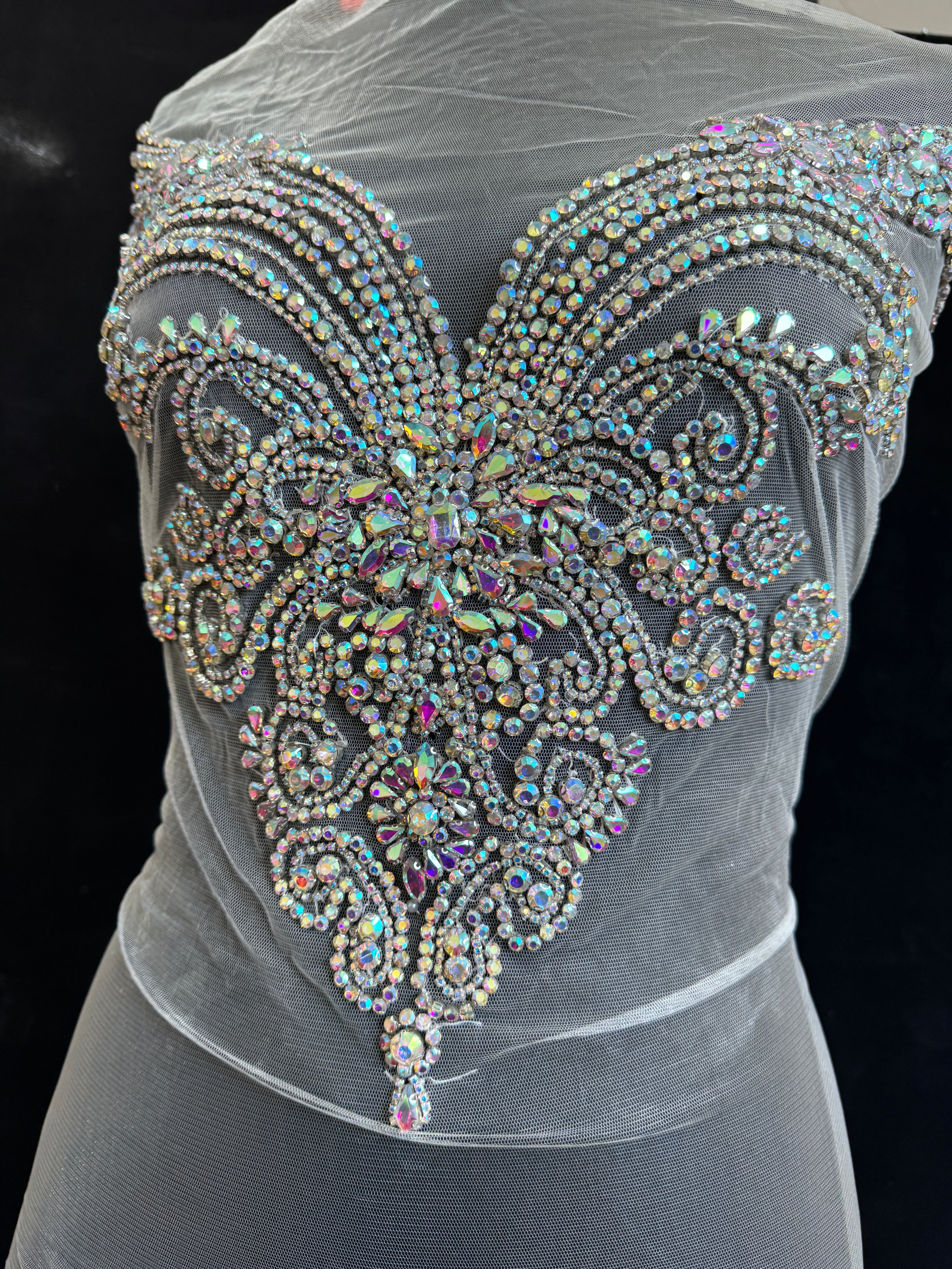 amy silver iridescent Bodice Applique, dark silver rhinestone, silver rhinestone, light silver rhinestone 
