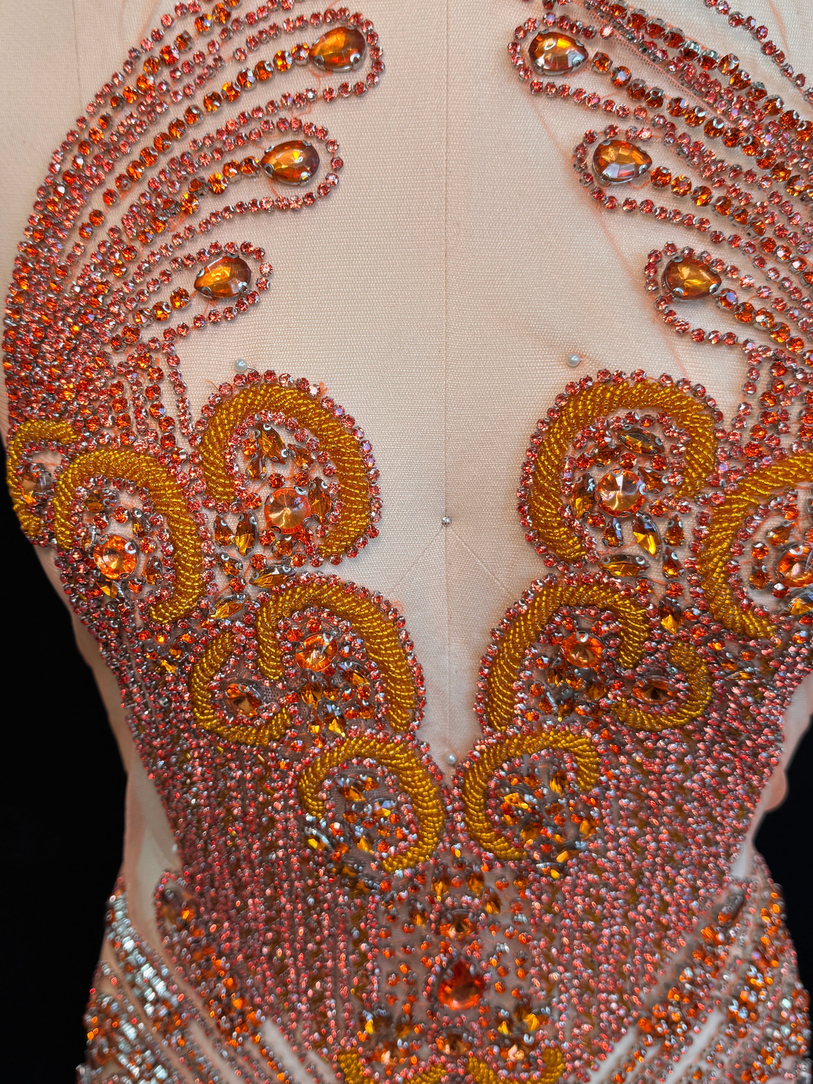 Tina Orange Rhinestone Bodice Applique, orange rhinestone, dark orange rhinestone, light orange rhinestone,  