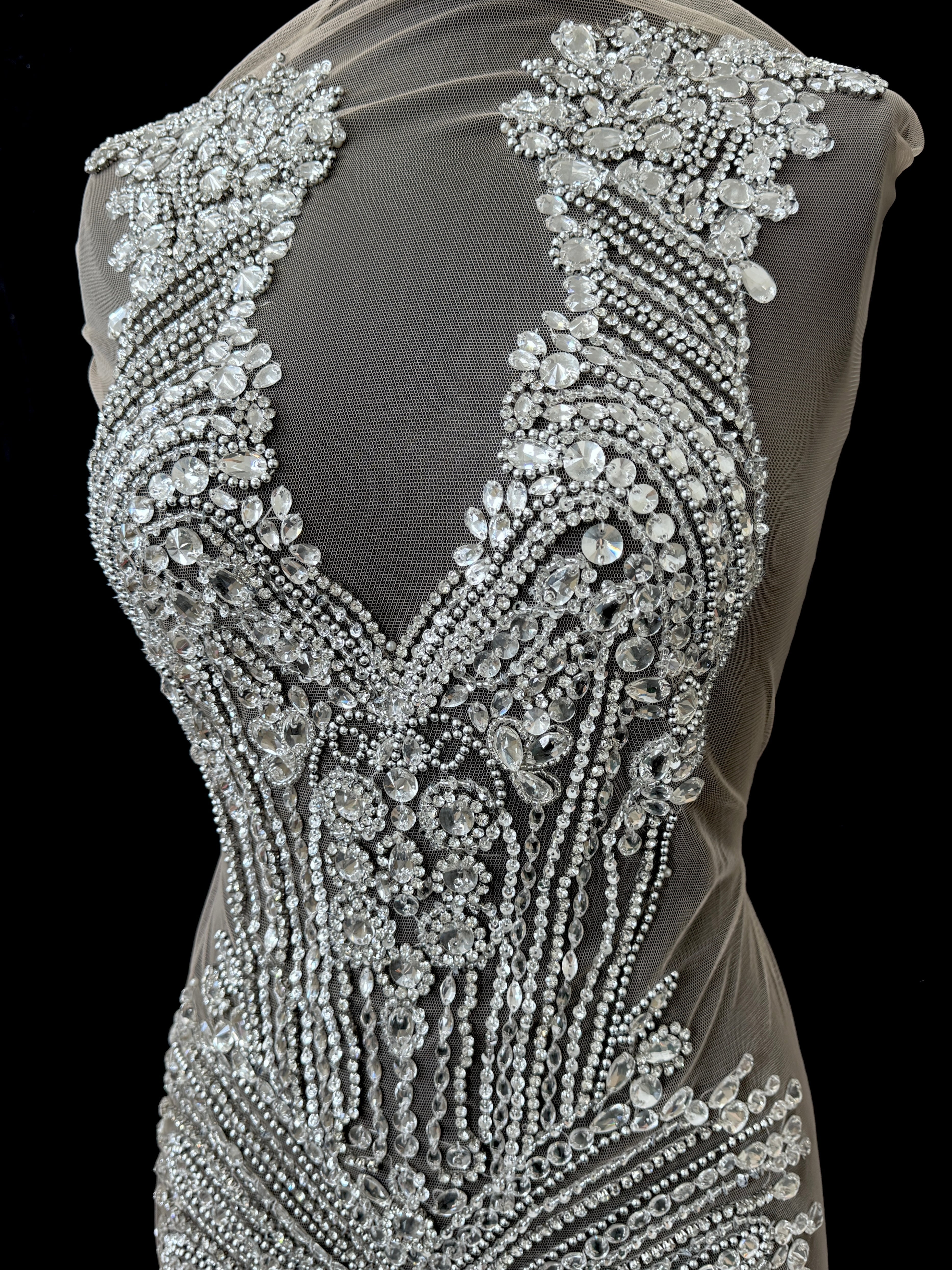 Gia Silver Rhinestone Bodice Applique, gold rhinestone, dark silver rhinestone, light silver rhinestone, 