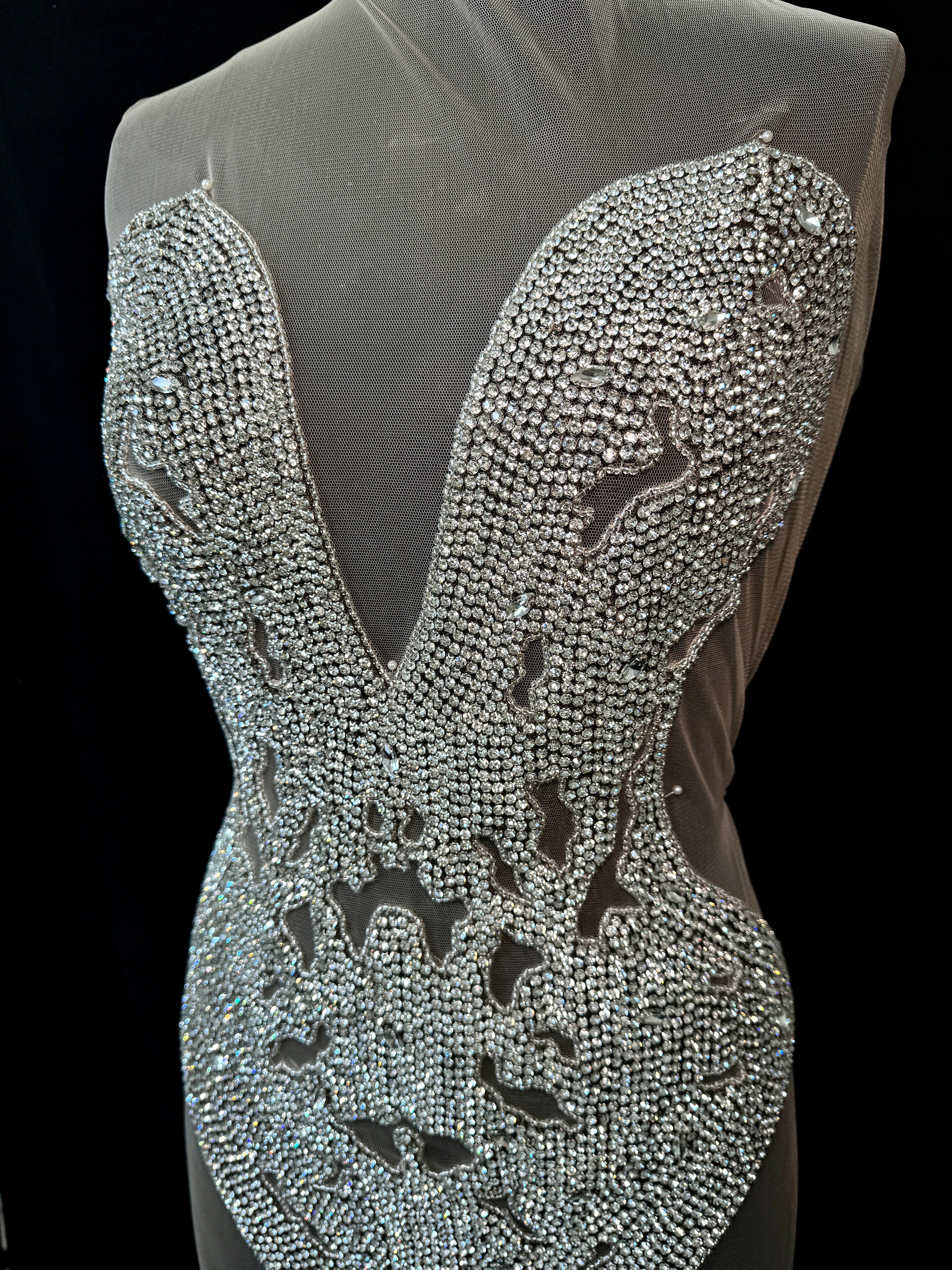 madeleine silver iridescent Bodice Applique, dark silver rhinestone, silver rhinestone, light silver rhinestone  