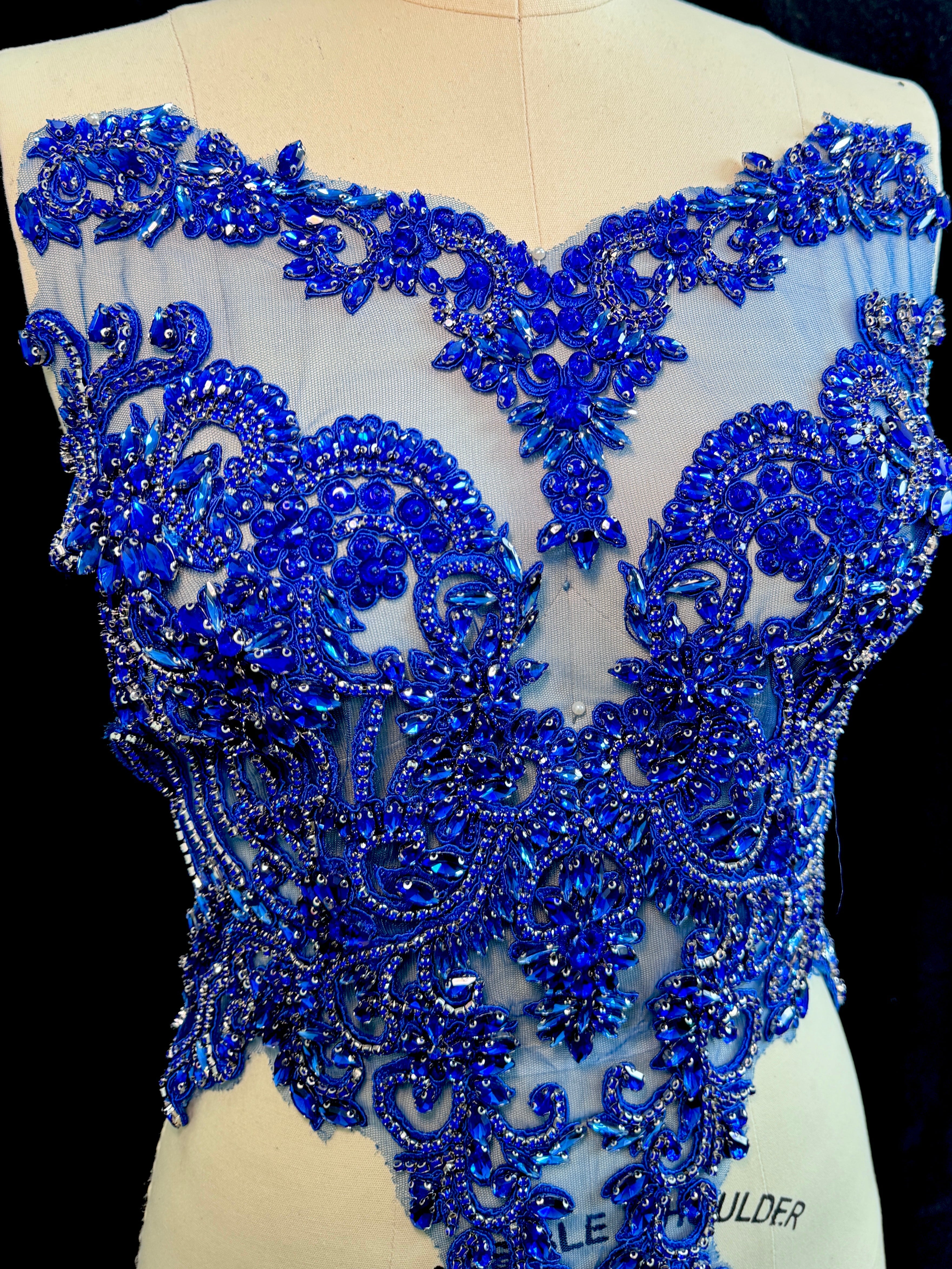 Alex Royal Blue Rhinestone Bodice Applique, dark blue rhinestone, blue rhinestone, light blue rhinestone  