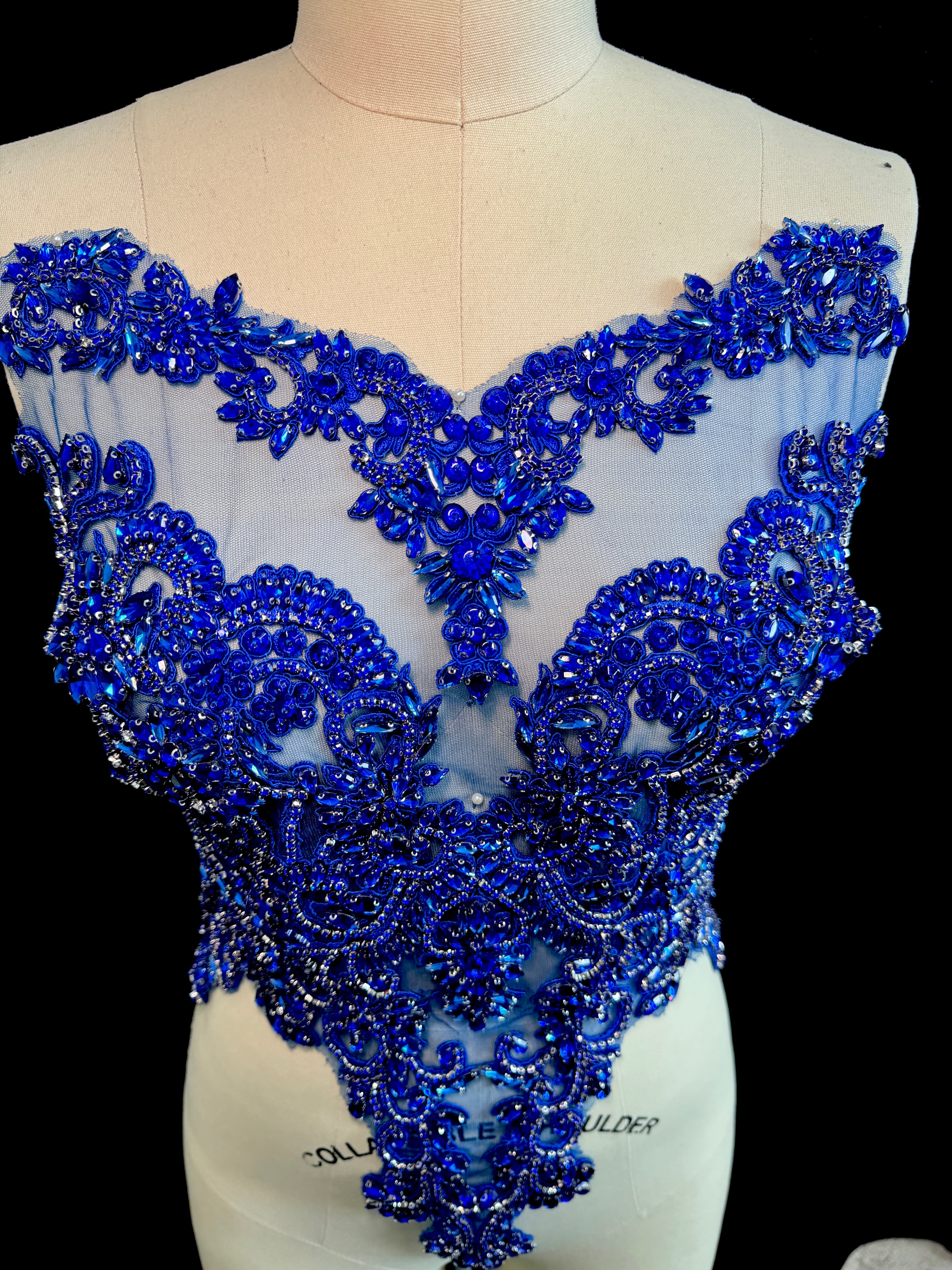 Alex Royal Blue Rhinestone Bodice Applique, dark blue rhinestone, blue rhinestone, light blue rhinestone  