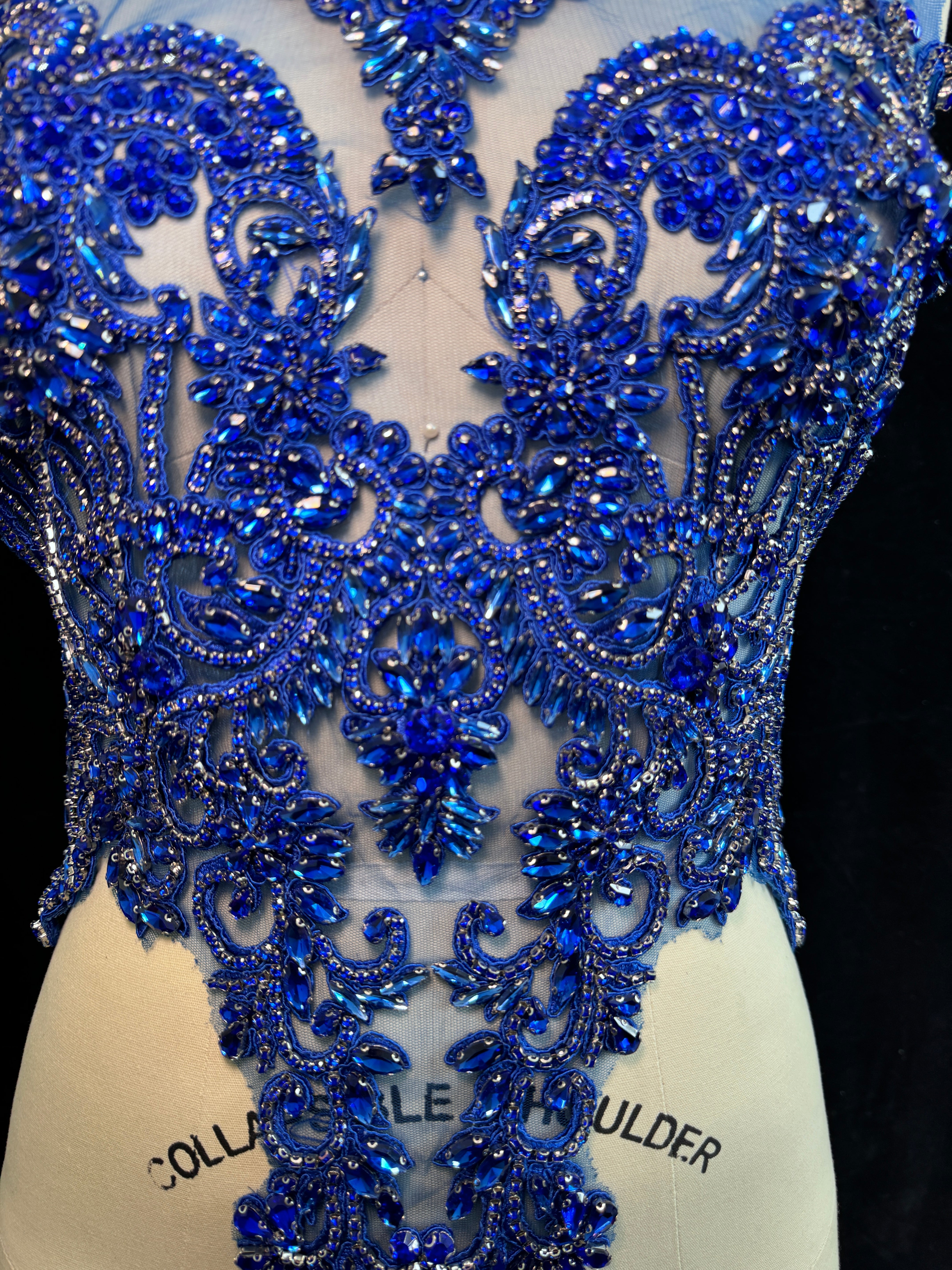 Alex Royal Blue Rhinestone Bodice Applique, dark blue rhinestone, blue rhinestone, light blue rhinestone  