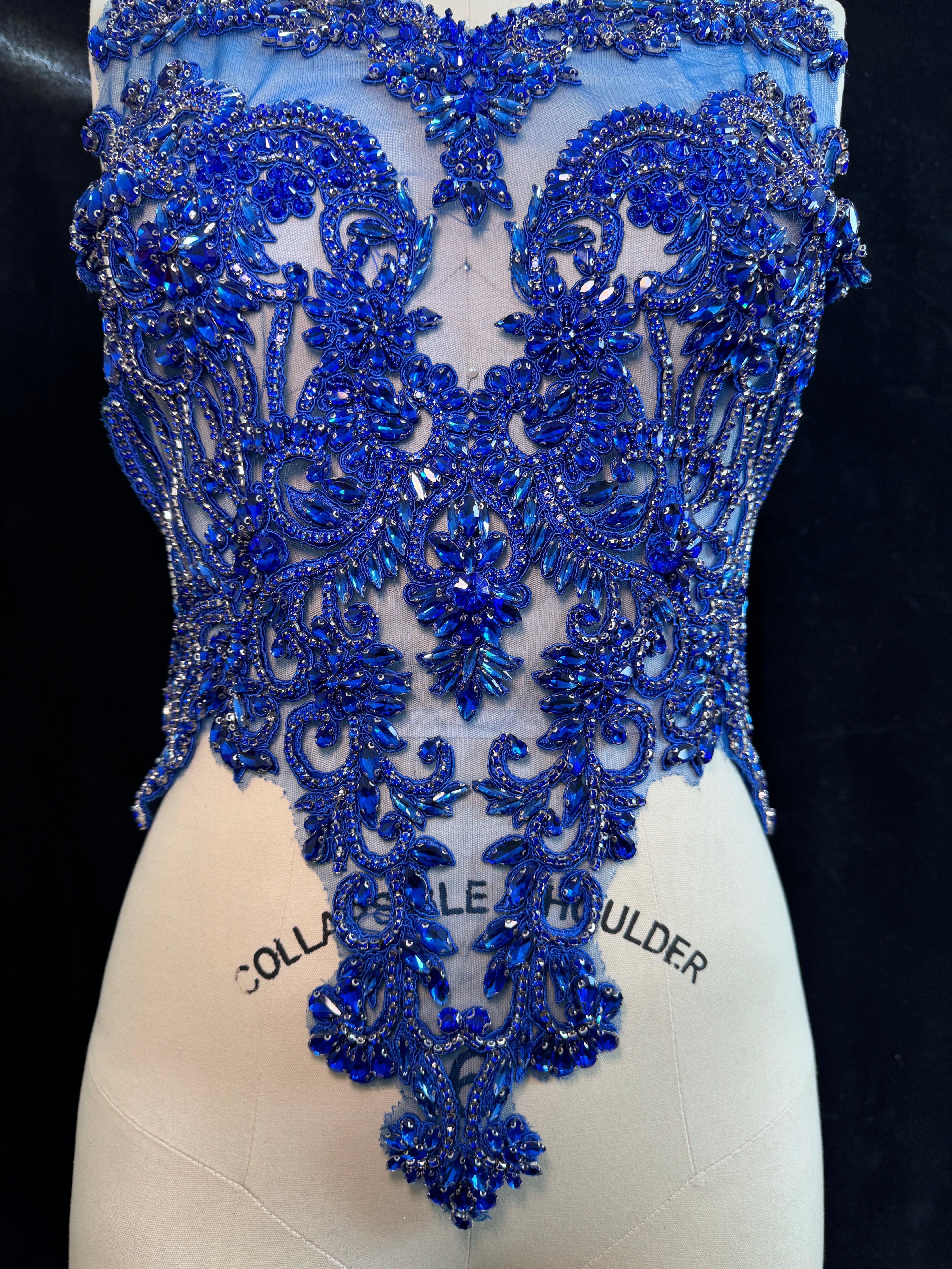 Alex Royal Blue Rhinestone Bodice Applique, dark blue rhinestone, blue rhinestone, light blue rhinestone  