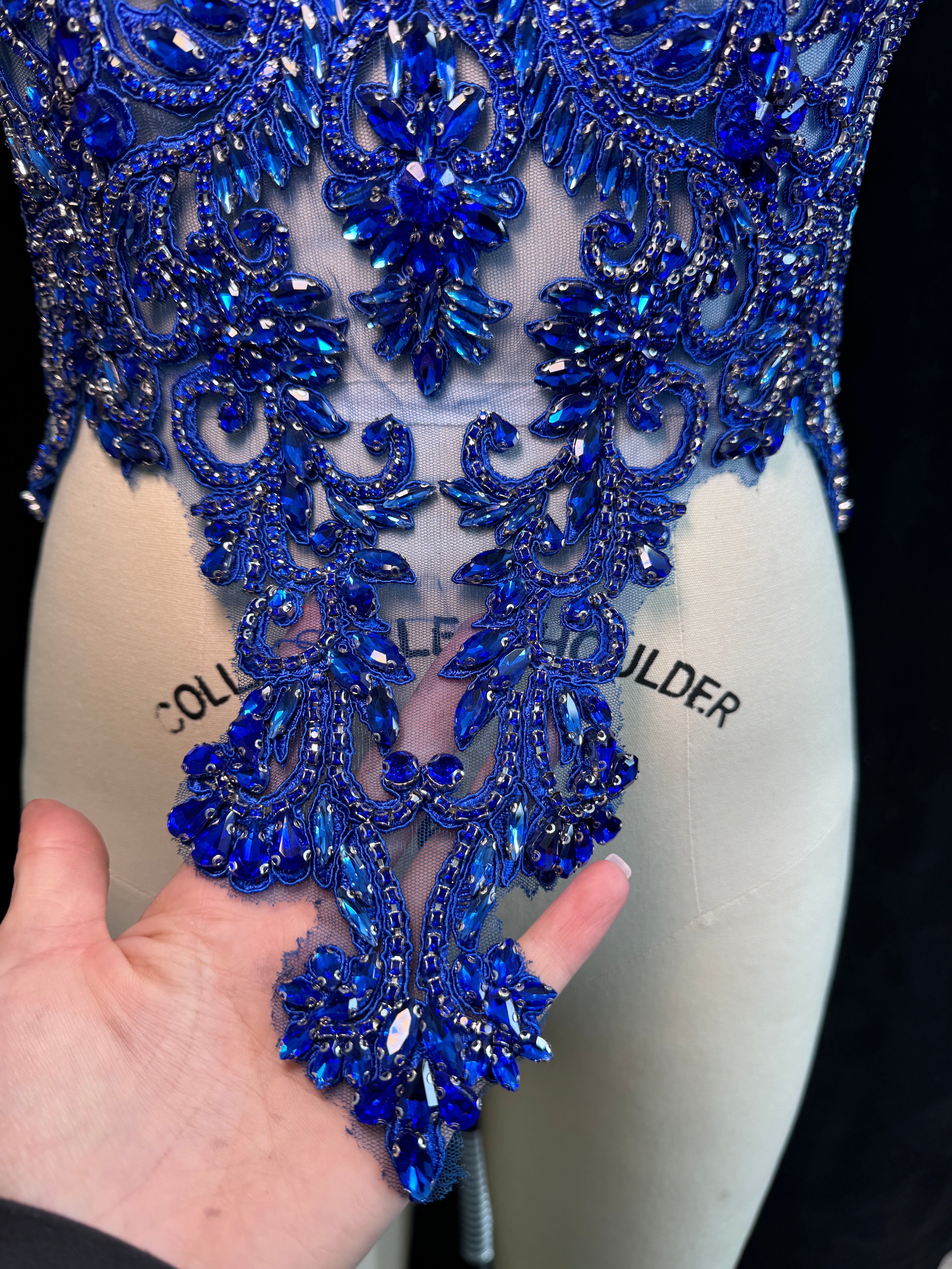 Alex Royal Blue Rhinestone Bodice Applique, dark blue rhinestone, blue rhinestone, light blue rhinestone  